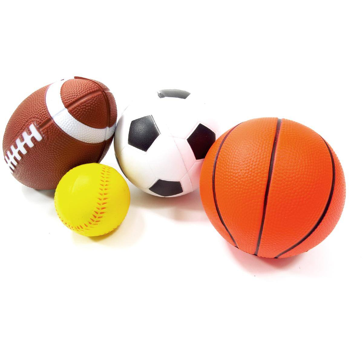 Left. JuzToys - Set of 4 Soft Foam Sports Balls for Kids – Soccer Ball, Baseball, Basketball, and Football, Indoor Outdoor Sports Toys - Multicolored.