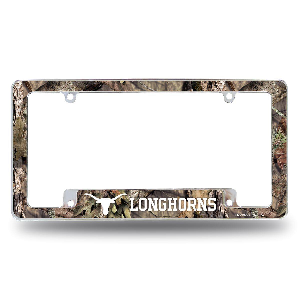 Texas Longhorns Chrome Metal License Plate Frame with Bold Mossy Oak Camouflaged Camo Design
