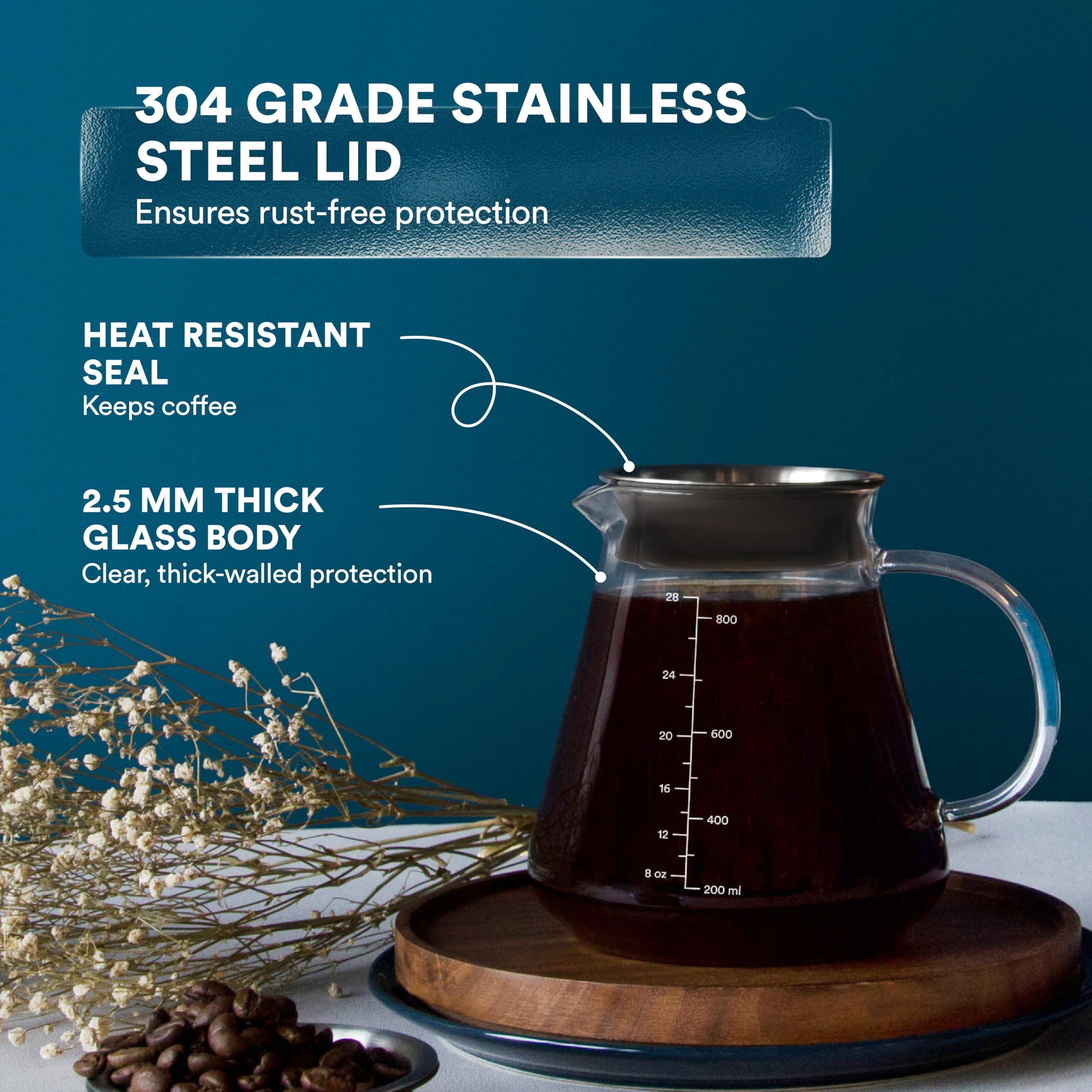 304 GRADE STAINLESS STEEL LID  
Ensures rust-free protection  

HEAT RESISTANT SEAL  
Keeps coffee  

2.5 MM THICK GLASS BODY  
Clear, thick-walled protection  

28 800  
24 600  
20 400  
16 200  
12 000  
8 oz 200 ml