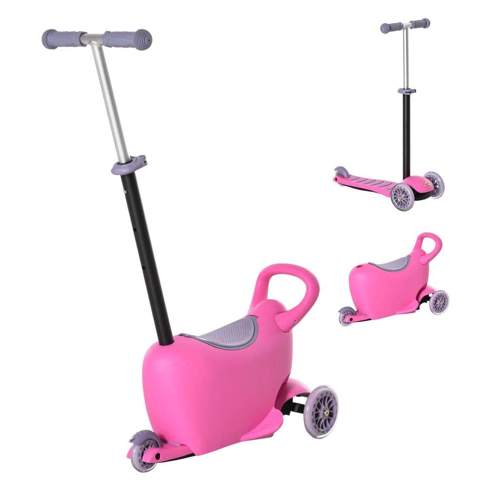 BreeBe - 3-in-1 Kids Ride On Push Car, Scooter & Sliding Walker with Adjustable Handlebar, 3 Wheels, Storage Seat for Ages 2-6 - Pink