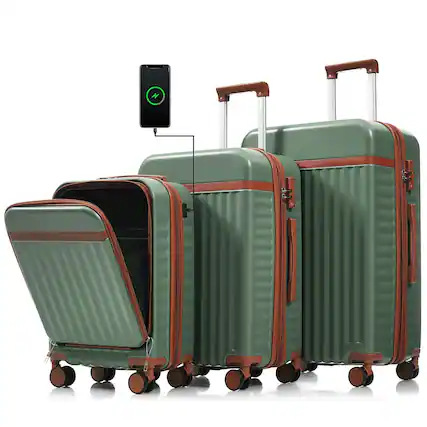 Front. BreeBe - 3-Piece 20" Carry-On Luggage Set with USB Port, Front Opening, Airline Approved ABS Hard Shell Spinner Wheels Green - Green.