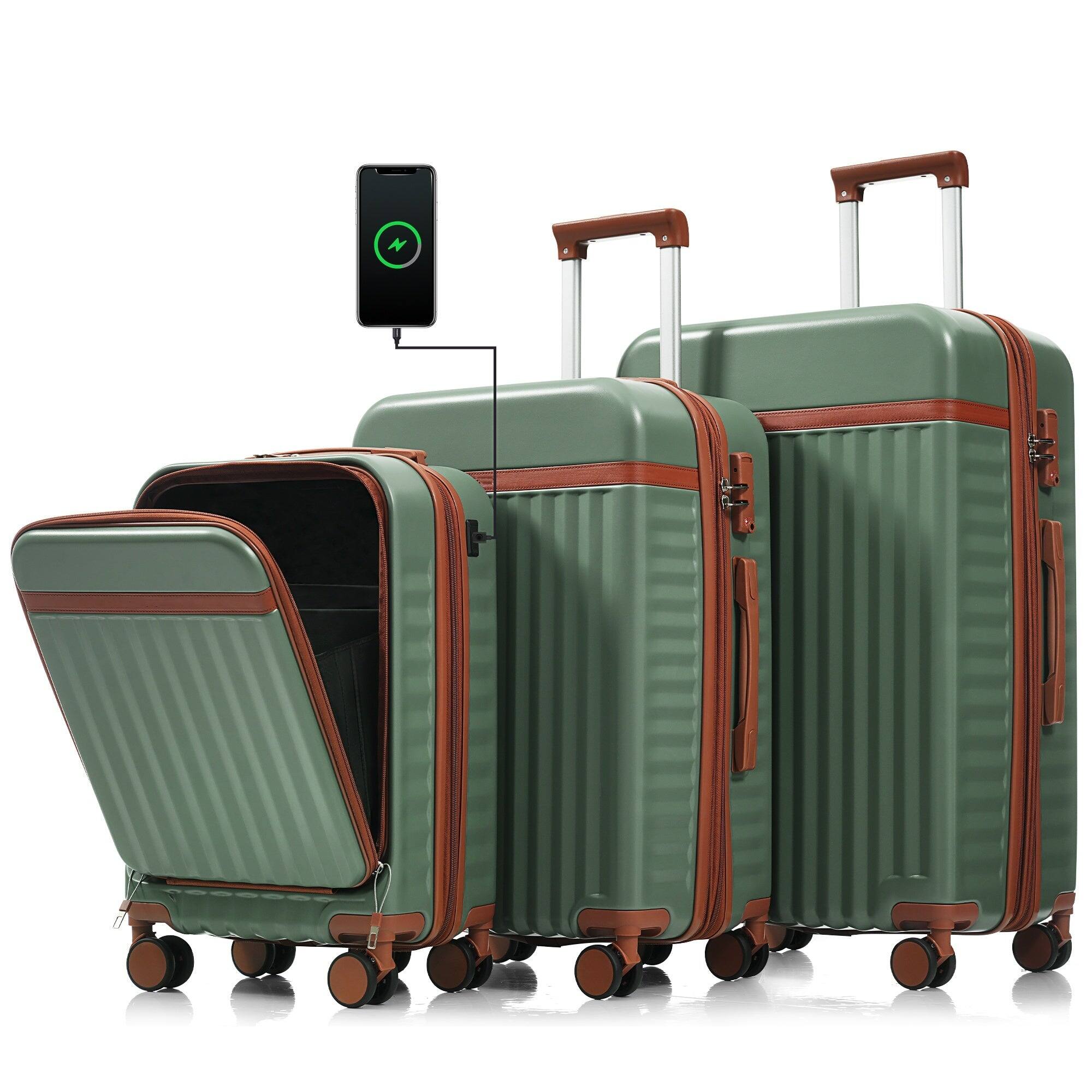 Front. BreeBe - 3-Piece 20" Carry-On Luggage Set with USB Port, Front Opening, Airline Approved ABS Hard Shell Spinner Wheels Green - Green.