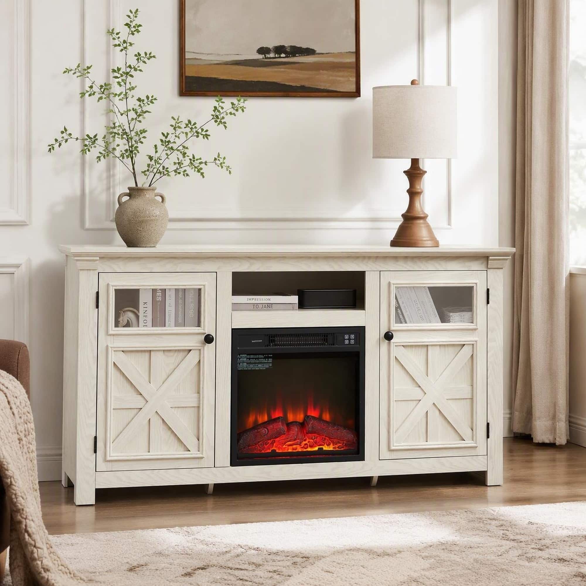RYHNUYNE - Farmhouse TV Stand with 18-Inch Fireplace Insert, 60.23" Wide Media Console with Barn Door Design - White