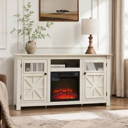 RYHNUYNE - Farmhouse TV Stand with 18-Inch Fireplace Insert, 60.23" Wide Media Console with Barn Door Design - White