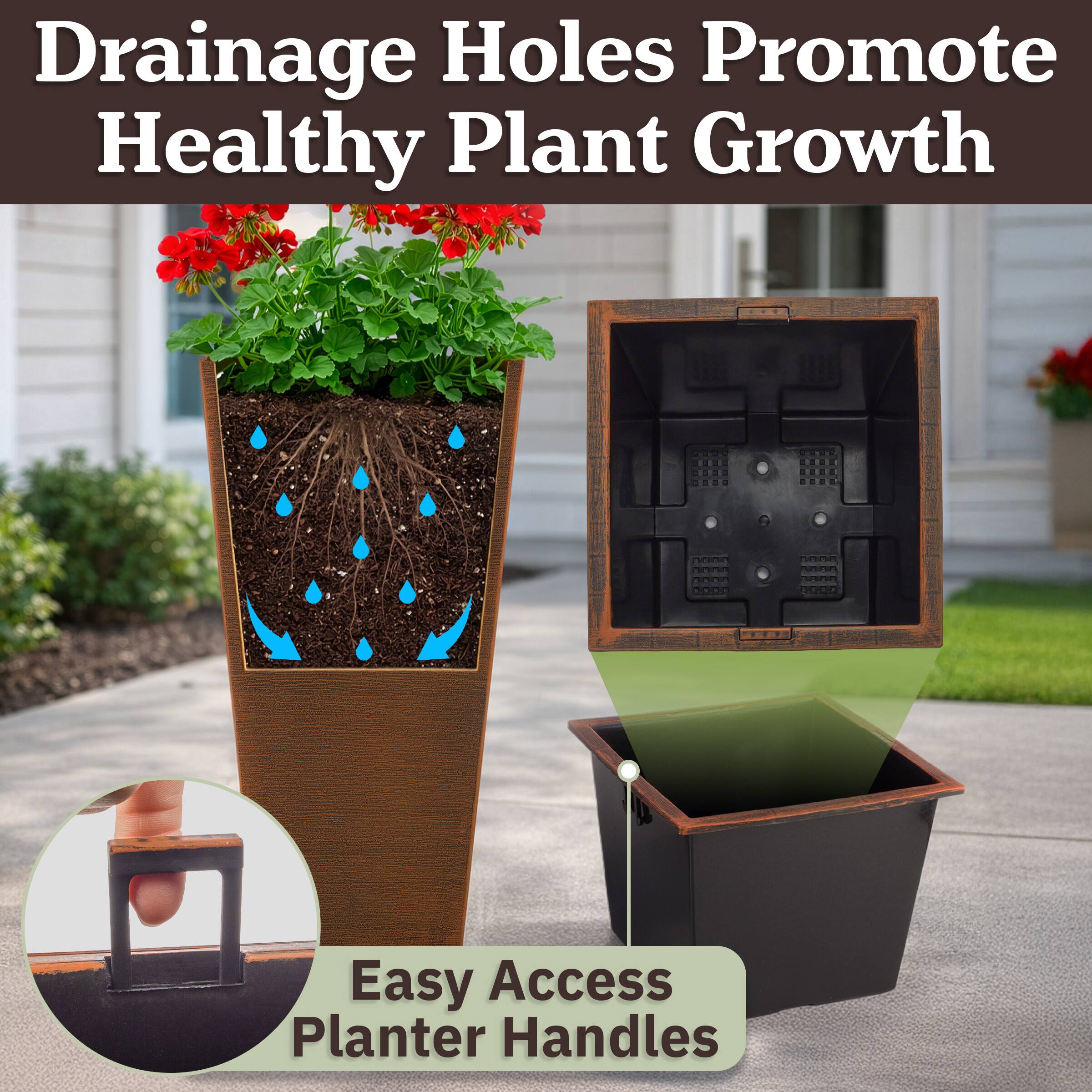 Drainage Holes Promote Healthy Plant Growth

Easy Access Planter Handles