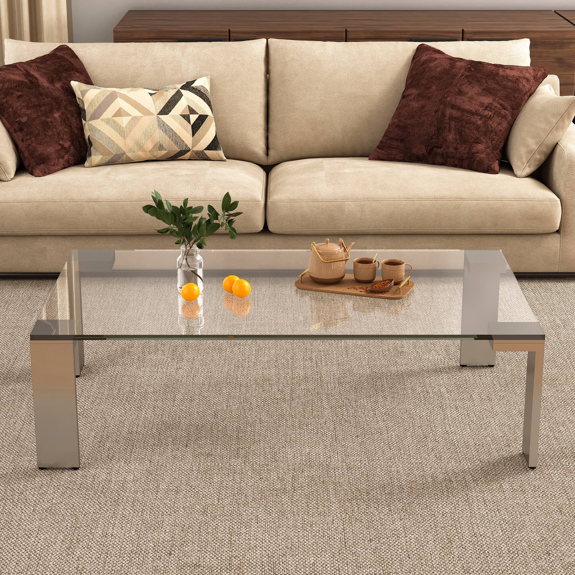 Left. luck idea - Modern Tempered Glass Coffee Table with Stainless Steel Legs, 47.2" Rectangular Clear Table for Living Room - Clear Glass.