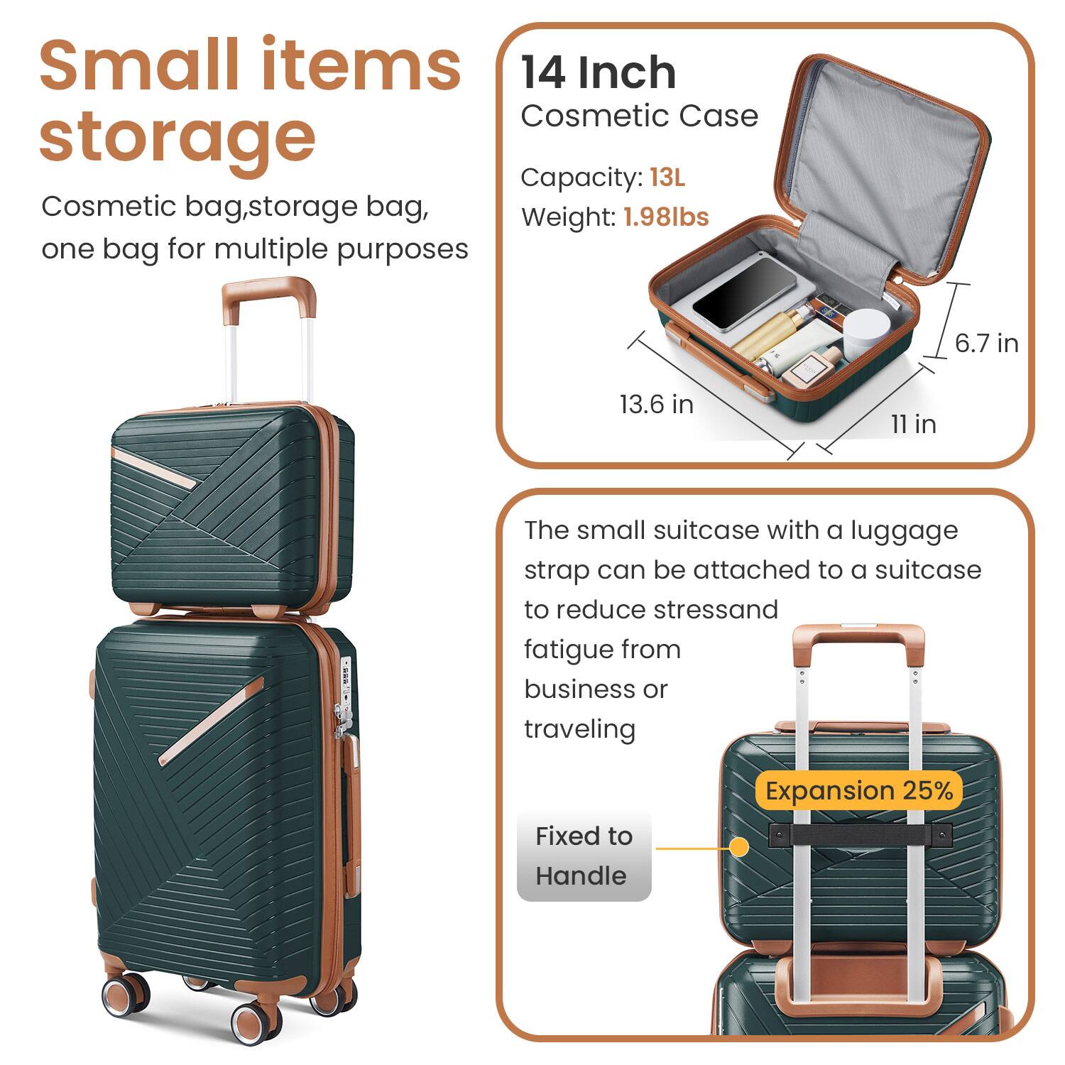 Small items storage  
Cosmetic bag, storage bag, one bag for multiple purposes  

14 Inch Cosmetic Case  
Capacity: 13L  
Weight: 1.98lbs  

The small suitcase with a luggage strap can be attached to a suitcase to reduce stress and fatigue from business or traveling  
Fixed to Handle  

Expansion 25%