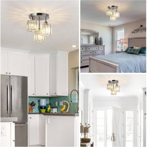 Left. LUCKY ONE - 10.6in Semi Flush Mount Crystal Ceiling Light, 3-Light Fixture for Kitchen Hallway Bedroom Bathroom - Silver.