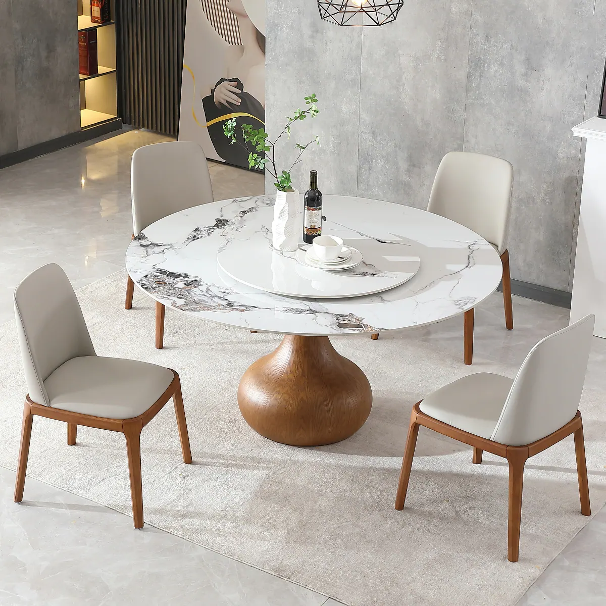 Front. Loheer - Loheer Modern Marble Dining Table, 59-Inch Round Sintered Stone Table With Lazy Susan - Walnut and White.