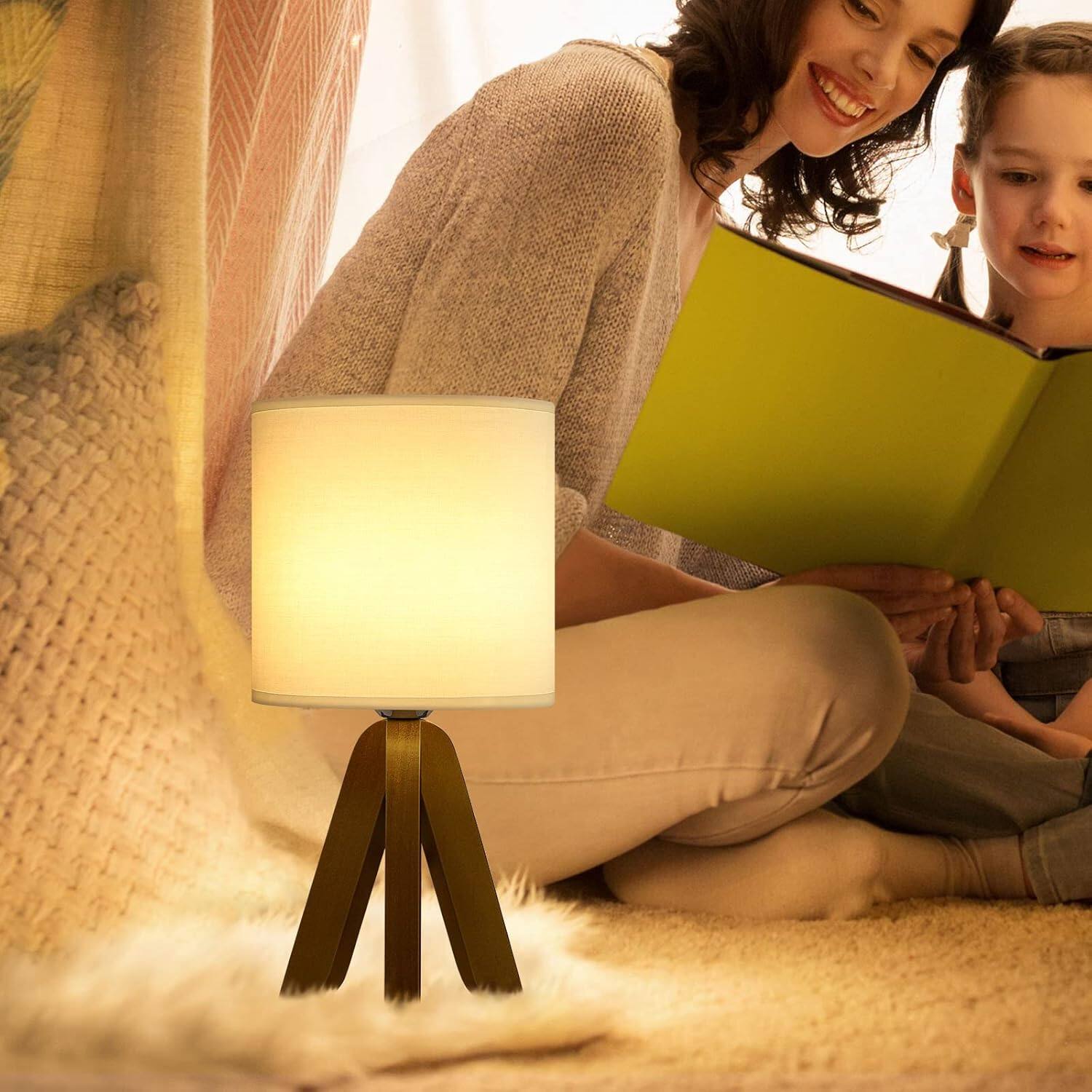 Alt View 1. Oumilen - Wood Tripod Table Lamp with Fabric Shade – Mid-Century Modern Nightstand Lamp with In-Line Switch.