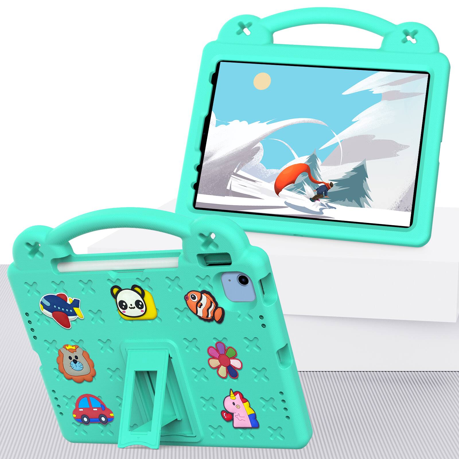 Left. Dteck - For Apple iPad mini (A17 Pro) 2024 and iPad mini 6th 2021 Handle Grip Kickstand Shockproof Rugged Protective Case - Mintgreen.