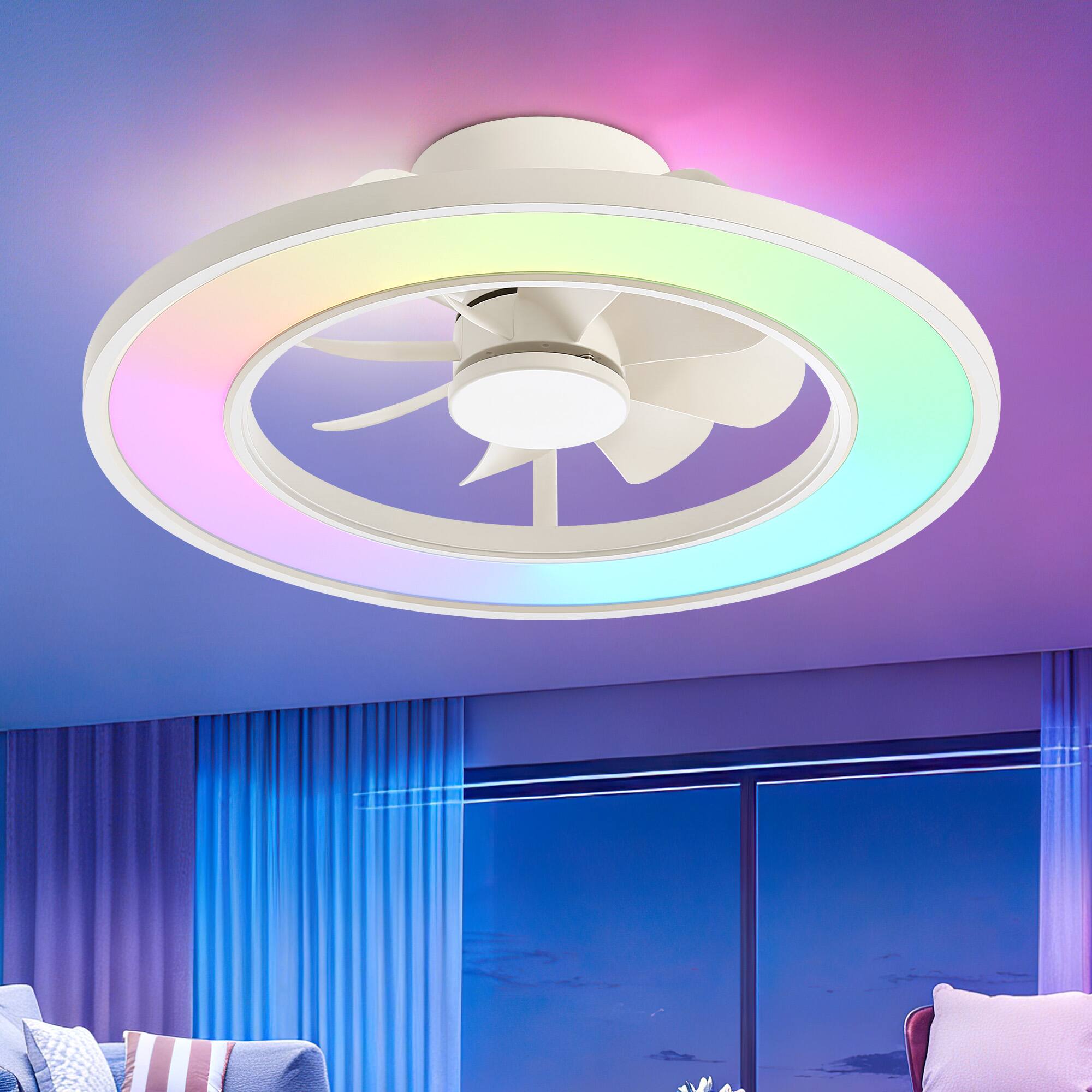Left. Breezary - 20-Inch Caged Flush Mount Ceiling Fan with Acrylic Shade, Tunable LED, 6-Speed Remote, Timer, DC Motor - 20-Inch White Ceiling Fan.