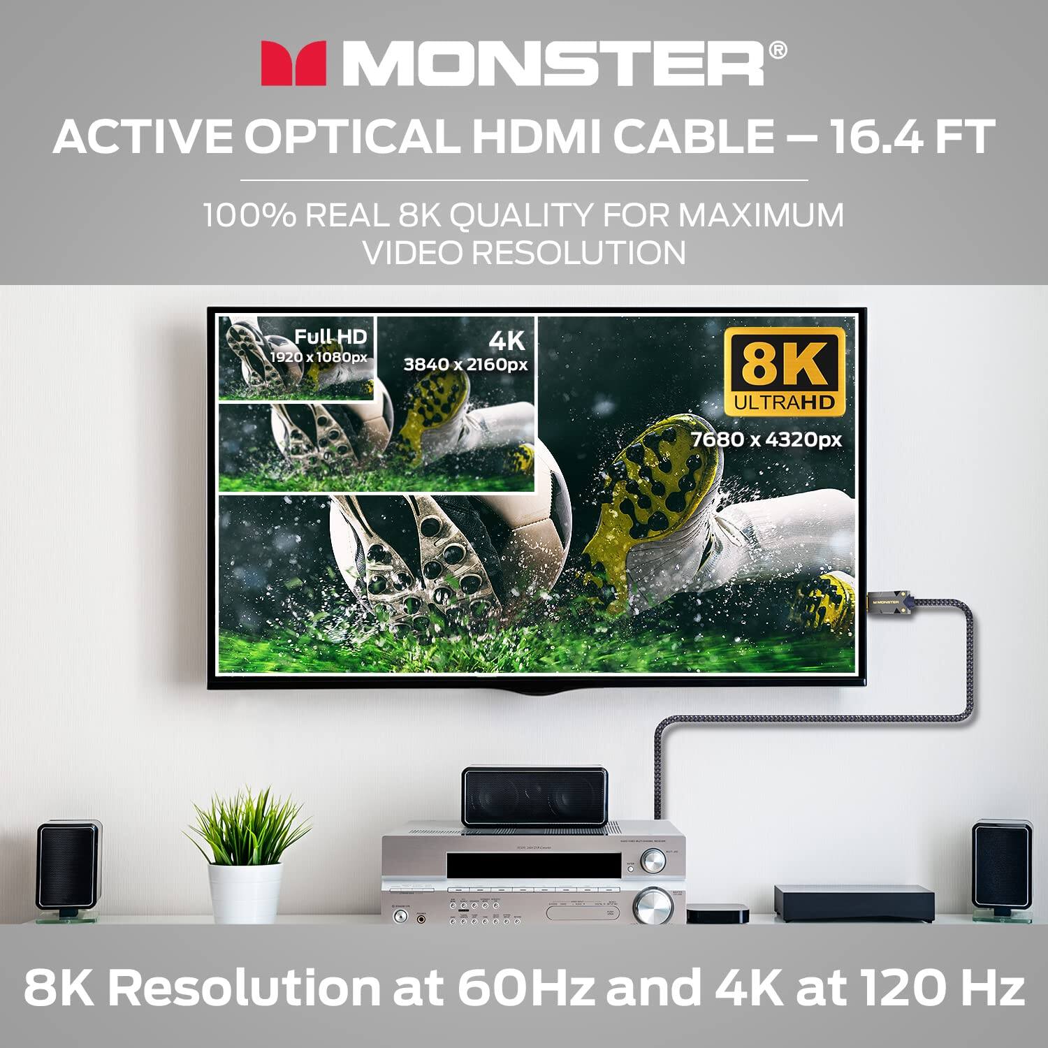 MONSTER ACTIVE OPTICAL HDMI CABLE - 16.4 FT  
100% REAL 8K QUALITY FOR MAXIMUM VIDEO RESOLUTION  
Full HD 1920 x 1080px  
4K 3840 x 2160px  
8K ULTRAHD 7680 x 4320px  
8K Resolution at 60Hz and 4K at 120 Hz