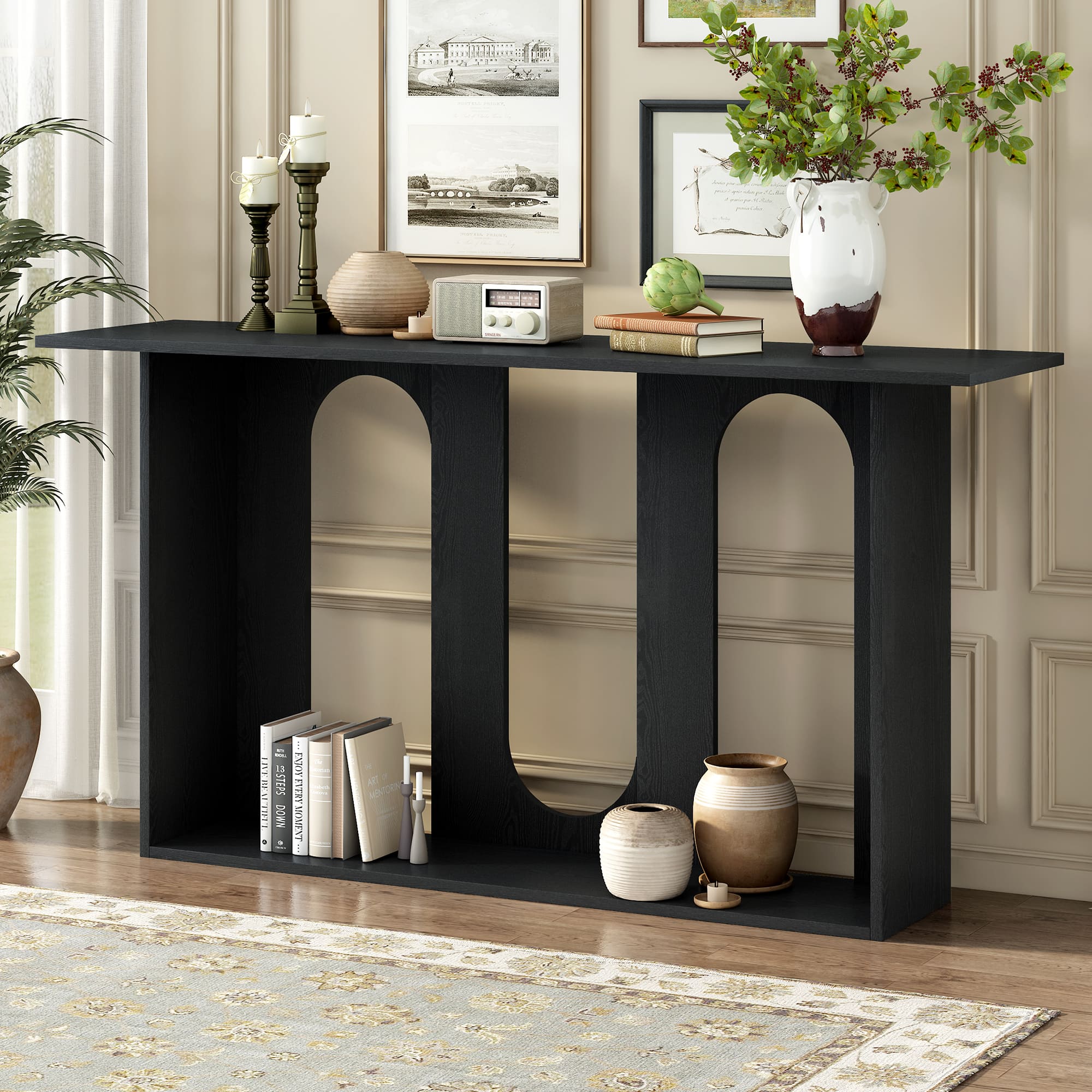 TinyHomie - Modern and Curved Design Ash Veneer Console Table with Shelf Suitable for Entryway Hallway Living Room Foyer Corridor - Black