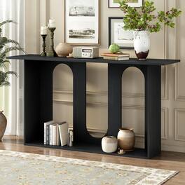 TinyHomie - Modern and Curved Design Ash Veneer Console Table with Shelf Suitable for Entryway Hallway Living Room Foyer Corridor - Black