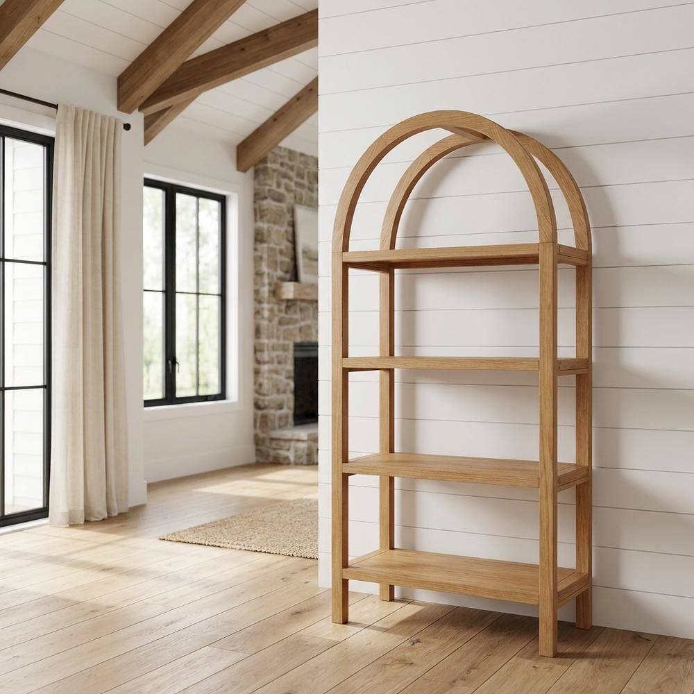 Angle. FurniFact - 60-Inch Arched Bookshelf in Warm Oak Finish with Multiple Shelves - Brown.