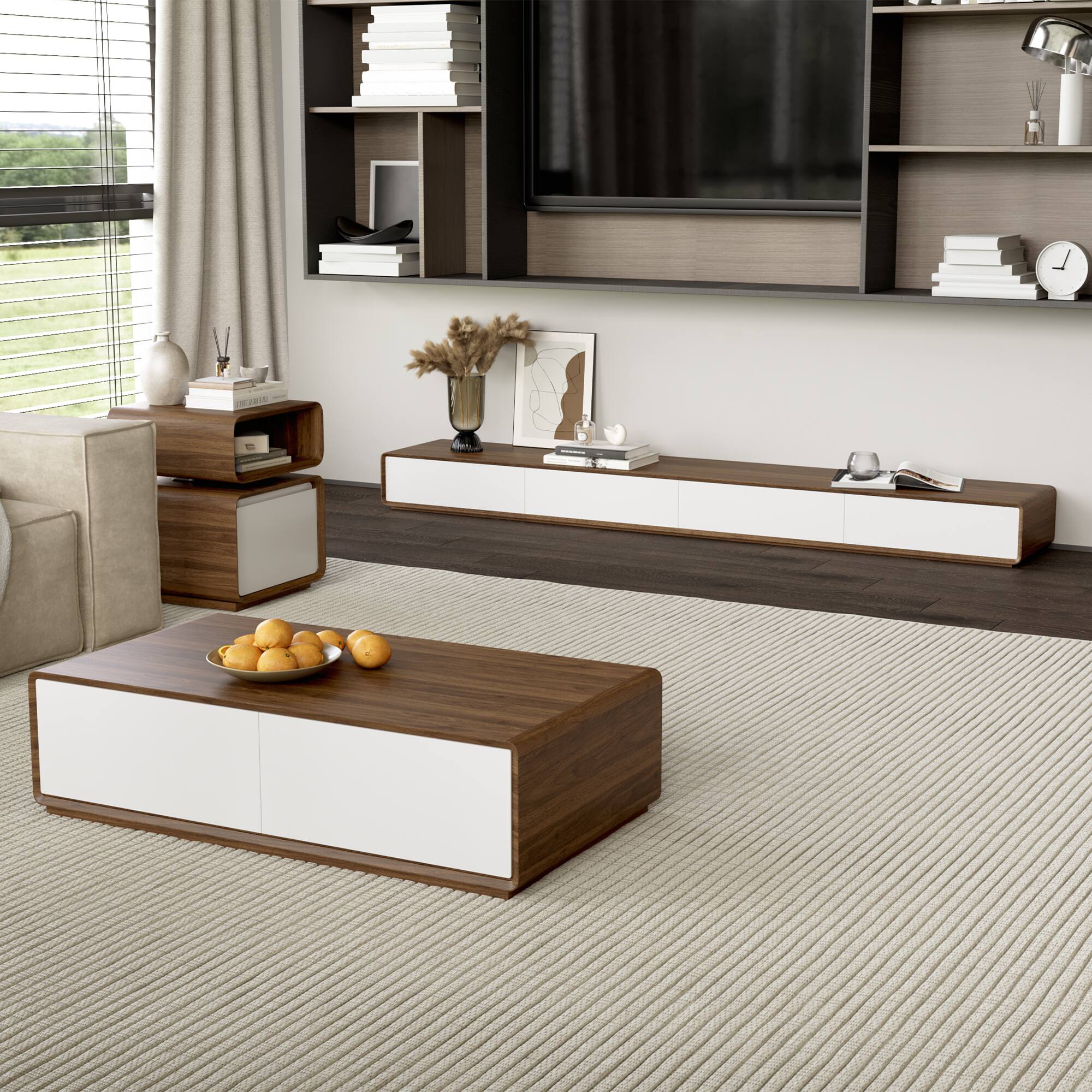 Alt View 8. POVISON - 51" Fully-Assembled Mid-Century Modern Rectangular Wood Coffee Table with 4 Drawers, Walnut White - Walnut & White.