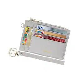 Jadie Link - Women Slim Rfid Blocking Credit Card Case Holder Wristlet Zip Wallet Small Compact Leather Purse Keychain beige Dual-use - Light Gray