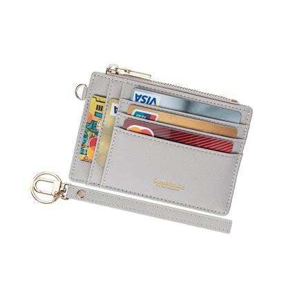 Front. Jadie Link - Women Slim Rfid Blocking Credit Card Case Holder Wristlet Zip Wallet Small Compact Leather Purse Keychain beige Dual-use - Light Gray.