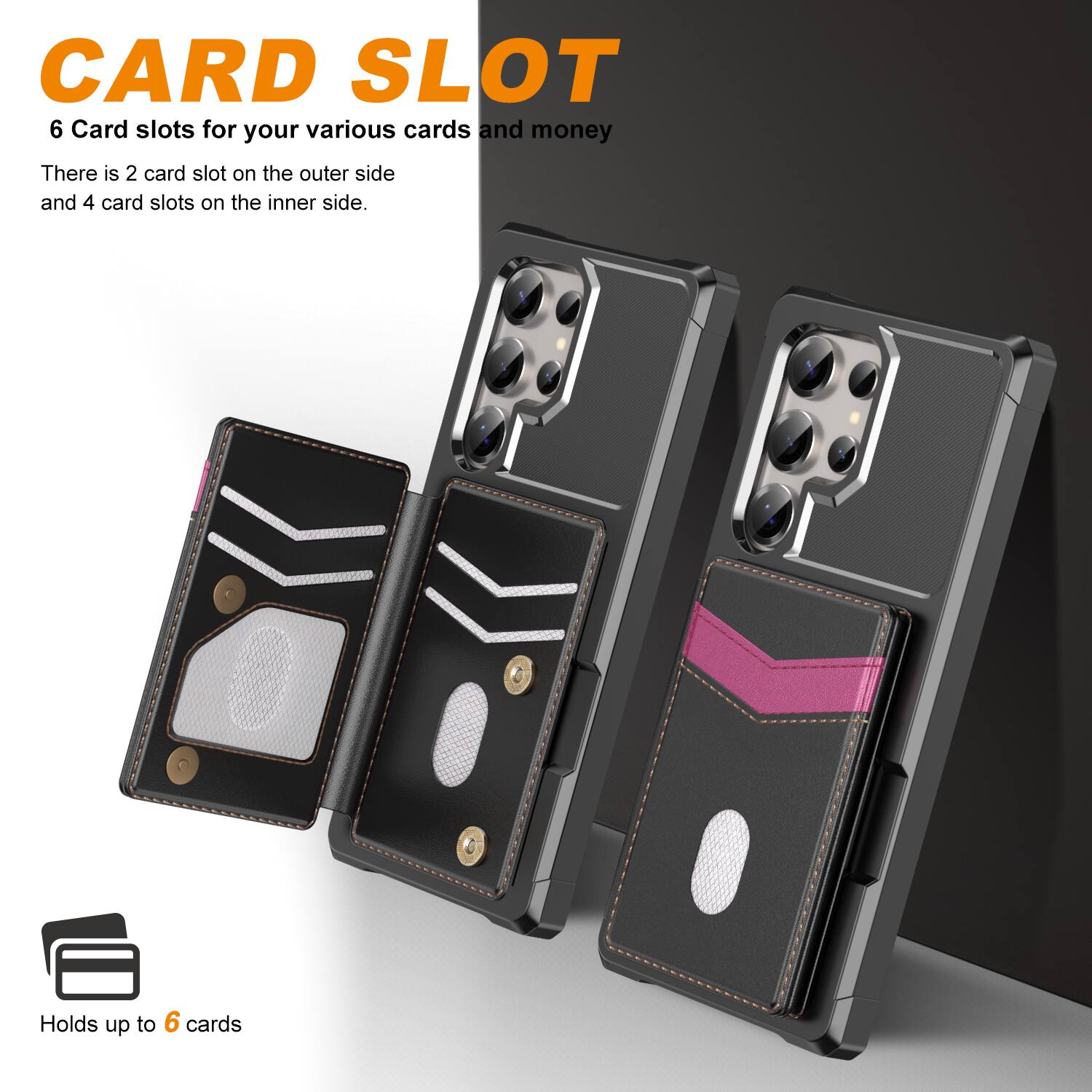 CARD SLOT  
6 Card slots for your various cards and money  
There is 2 card slot on the outer side and 4 card slots on the inner side.  
Holds up to 6 cards