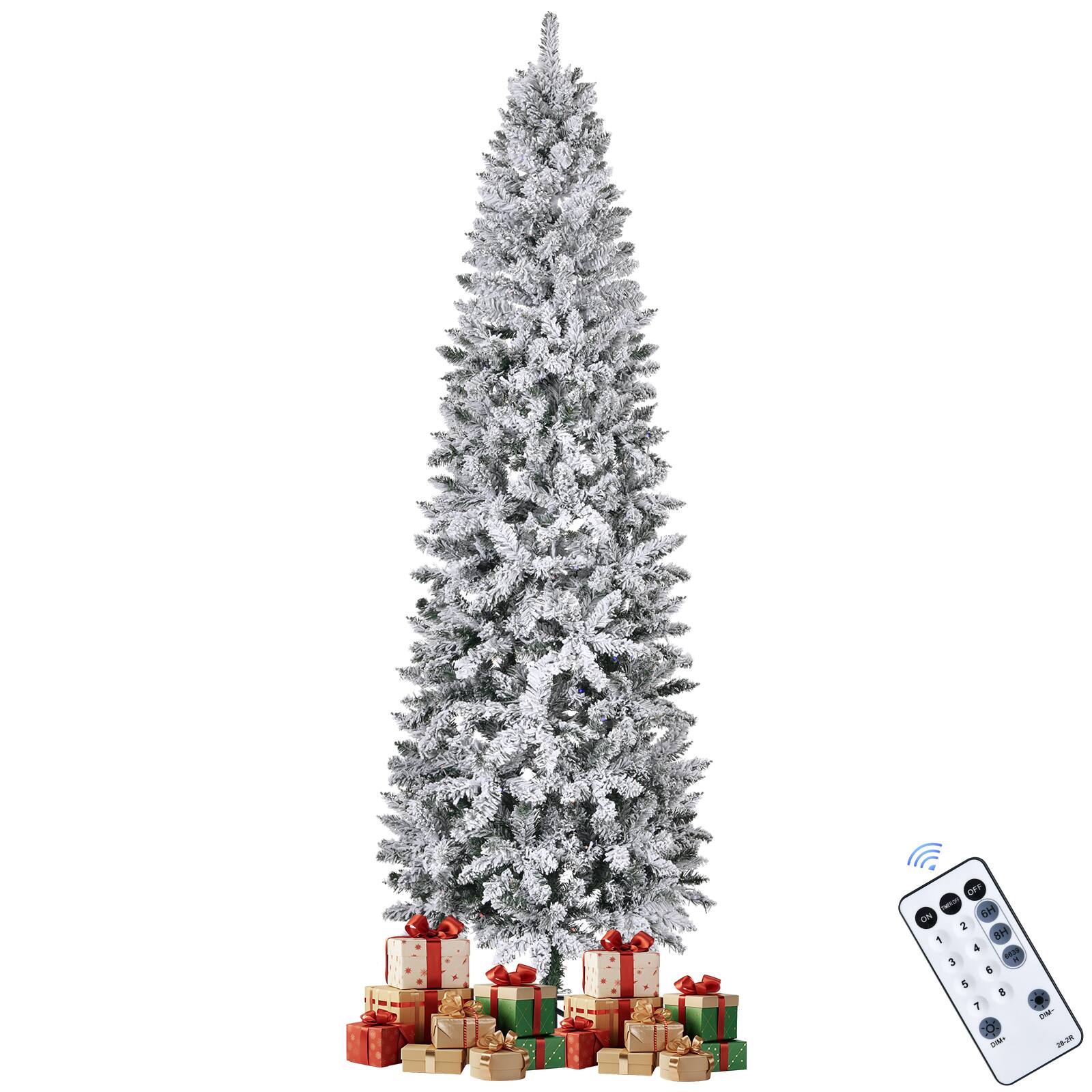 Back. Sugift - 7.5 Pre-Lit Pencil Snow Flocked Christmas Tree W/641 Branch Tips and 350 Remote-controlled Multi-Color Lights - White.