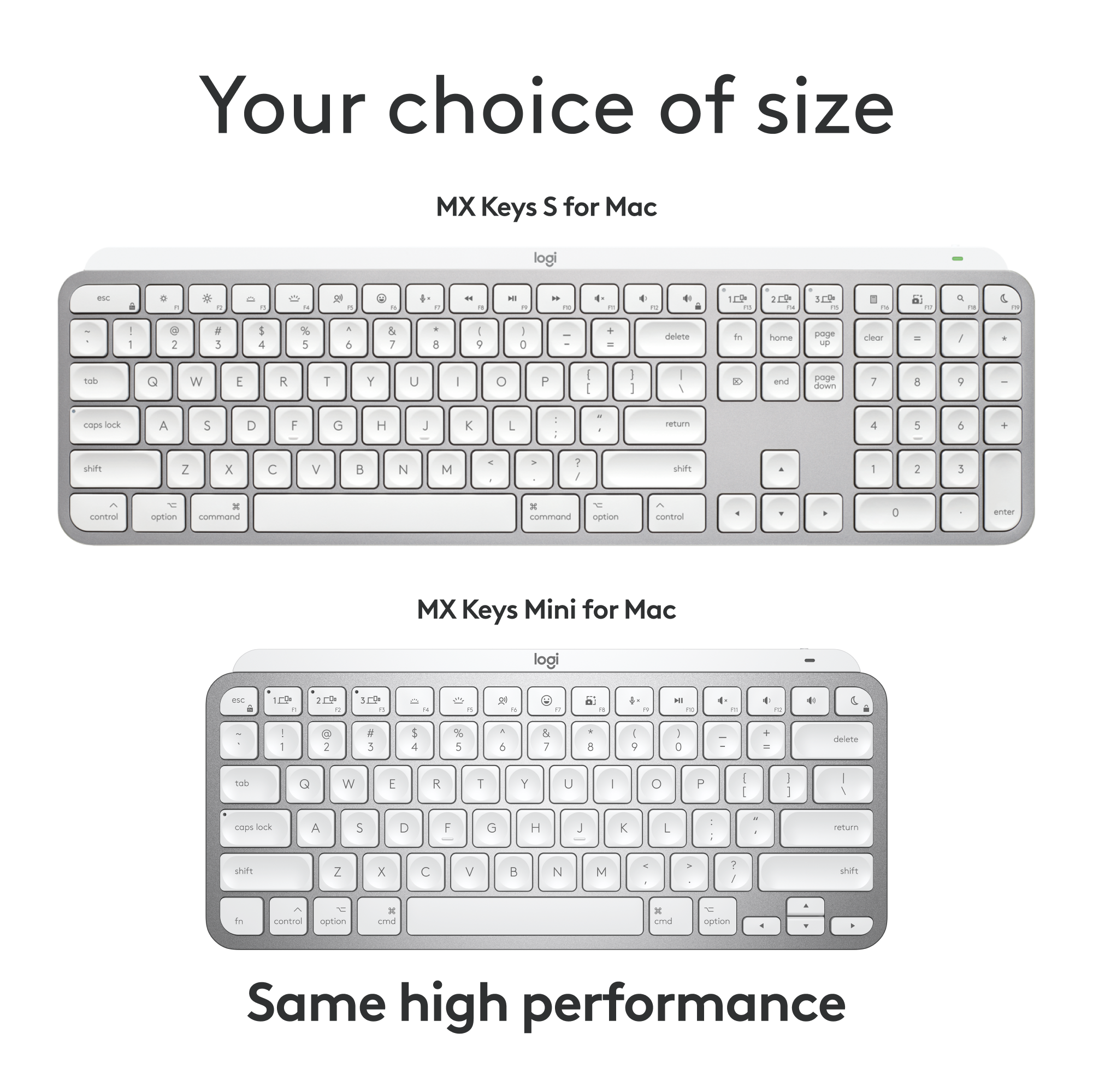 Your choice of size MX Keys S for Mac logi - . 5 D - - - -. 4 . - e - 2V - SEP - al - S & . 2 . 1 I 4 % 5 6 & 7 a 9 . aiana &e home pnege - cleor nob G W R T Y U O P - | I 1 aru onae rim 7 & + cprs lock A S D F G H J K L etum 4 5 4 a Z x C v N M 7 y shahs 1 ! COVEA aption x commone - commona - cprtin contca C ermar MX Keys Mini for Mac logi - TEP 2EP 19 - 0 2 B a - - E E - & 2 . 5 1 4 Y 5 6 & 7 8 1 9 C deiete 100 Q W E R T Y U O P - I Lops fock A 5 D F O H J K L neturm phift Z x C V H N M Y J shift do CORtrcA option x cme omd 1 cption Same high performance.