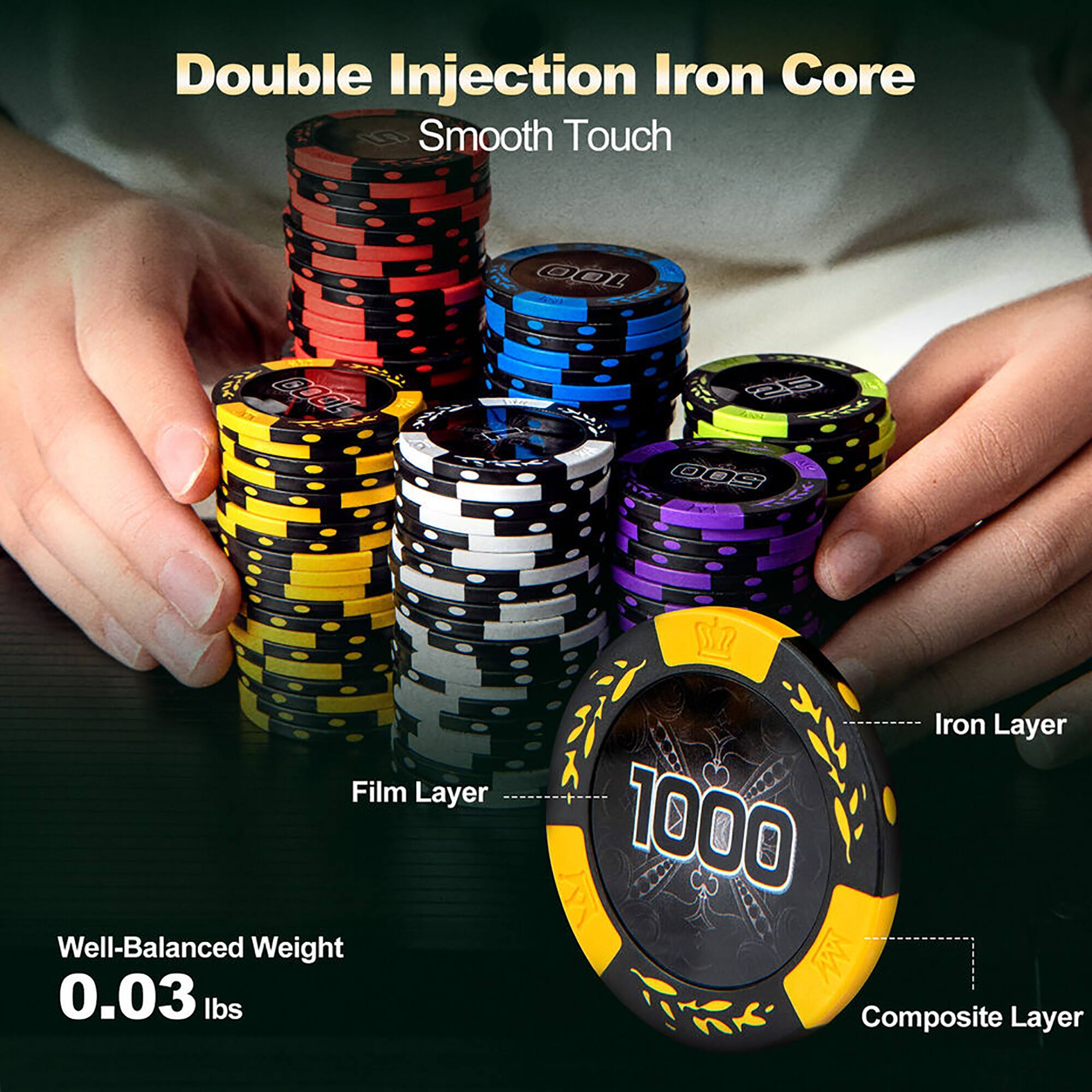 Double Injection Iron Core  
Smooth Touch  

Film Layer  
Iron Layer  
Composite Layer  

Well-Balanced Weight  
0.03 lbs  

1000