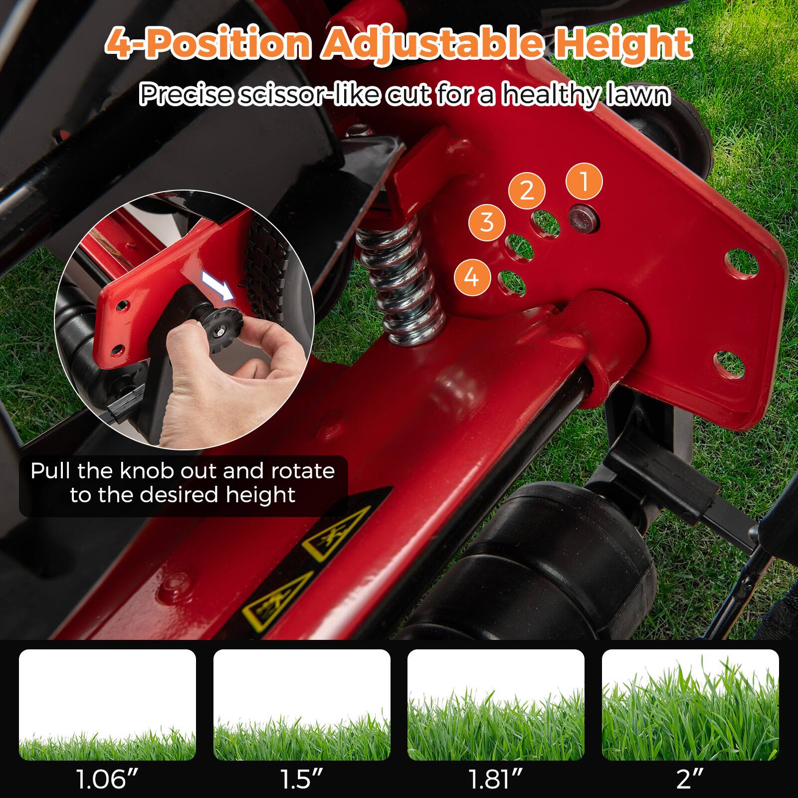 4-Position Adjustable Height  
Precise scissor-like cut for a healthy lawn  

Pull the knob out and rotate to the desired height  

1.06"  
1.5"  
1.81"  
2"