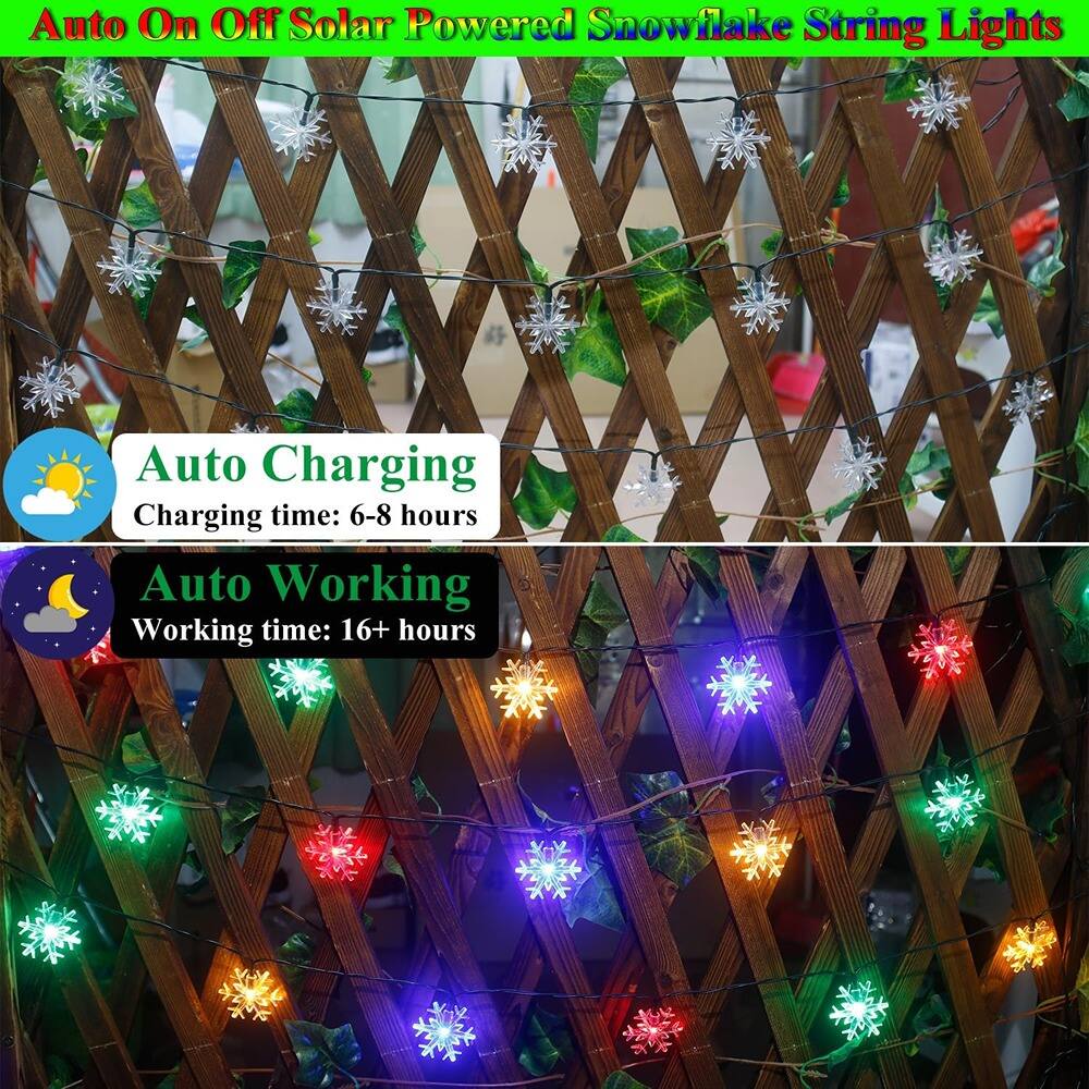 Auto On Off Solar Powered Snowflake String Lights

Auto Charging  
Charging time: 6-8 hours

Auto Working  
Working time: 16+ hours