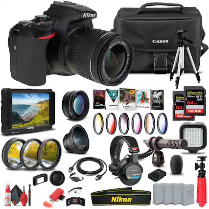 Nikon AF-P DX NIKKOR 10-20mm f/4.5-5.6G VR
Canon
LILLIPUT 4K monitor
Extreme PRO 64GB SanDisk
VideoStudio, Painter 7, PhotoShop Elements, PhotoShop Pro
SONY MDR-7506 Professional headphones
Nikon strap
Nikon batteries
Canon bag
Tripod
Microphone
Lighting kit
Filters
Cleaning kit
Lens hood
Cables and accessories