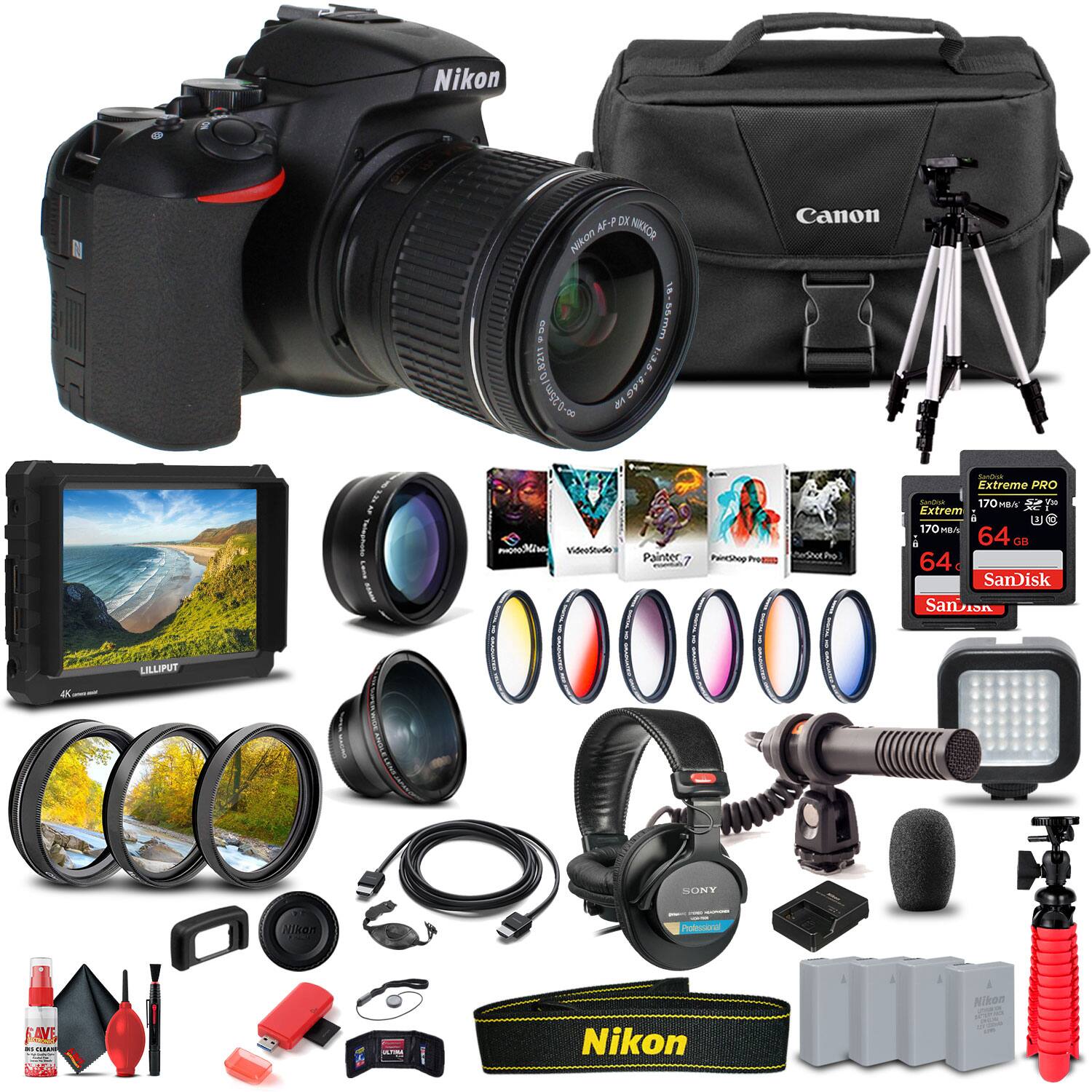 Nikon AF-P DX NIKKOR 10-20mm f/4.5-5.6G VR

Canon

LILLIPUT 4K monitor

Extreme PRO 64GB SanDisk

VideoStudio, Painter 7, PhotoShop Elements, PhotoShop Pro

SONY MDR-7506 Professional headphones

Nikon strap

Nikon batteries

Canon bag

Tripod

Microphone

Lighting kit

Filters

Cleaning kit

Lens hood

Cables and accessories