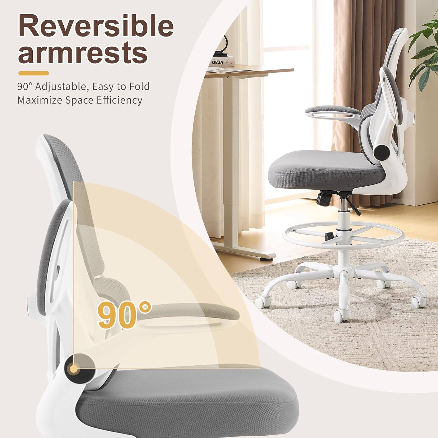 Reversible armrests  
90° Adjustable, Easy to Fold  
Maximize Space Efficiency