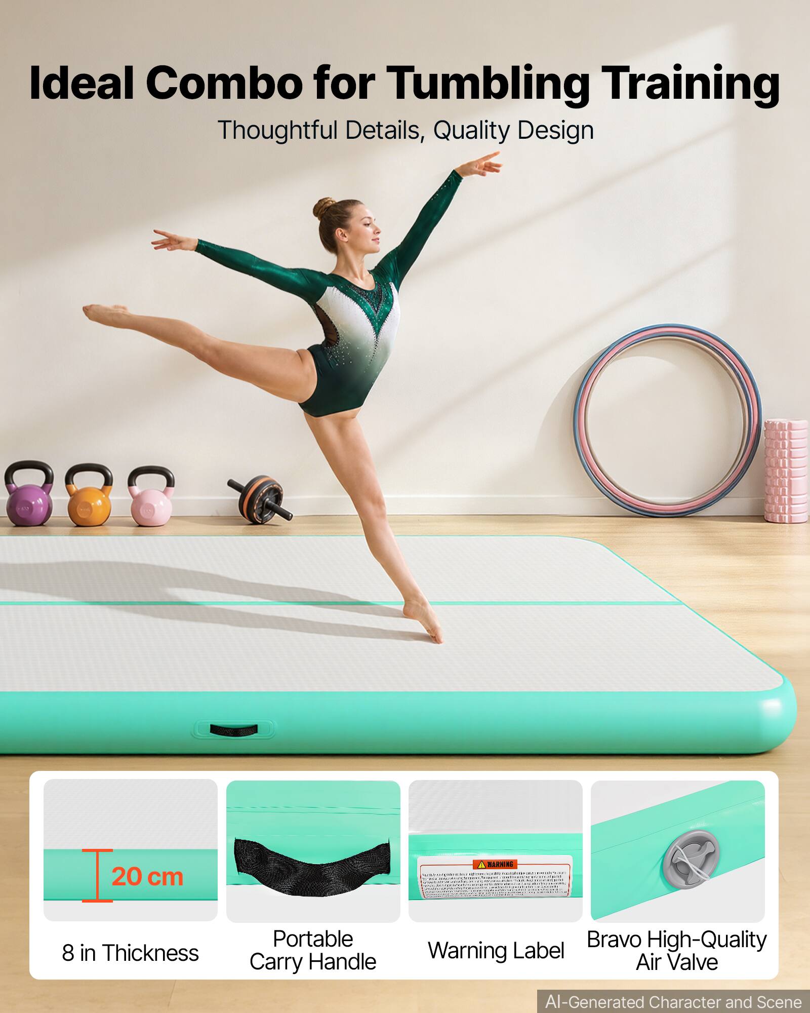 Ideal Combo for Tumbling Training  
Thoughtful Details, Quality Design  

20 cm - 8 in Thickness  
Portable Carry Handle  
Warning Label  
Bravo High-Quality Air Valve  

AI-Generated Character and Scene