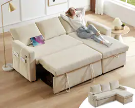 Dyonery - 81" Sleeper Sofa Bed with Pull Out Bed L Shaped Couch Sectional Sleeper Sofa Beige - Beige