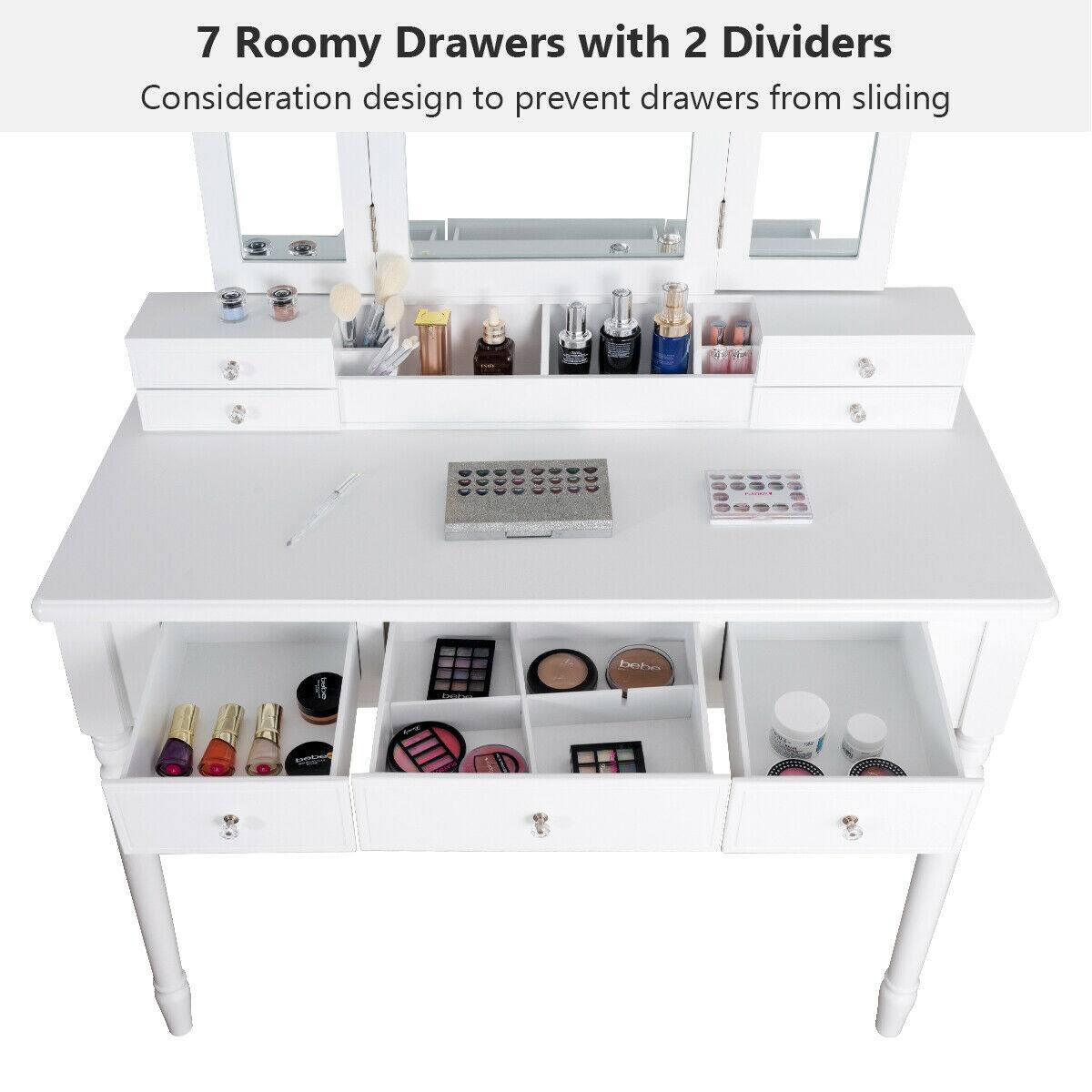 7 Roomy Drawers with 2 Dividers  
Consideration design to prevent drawers from sliding