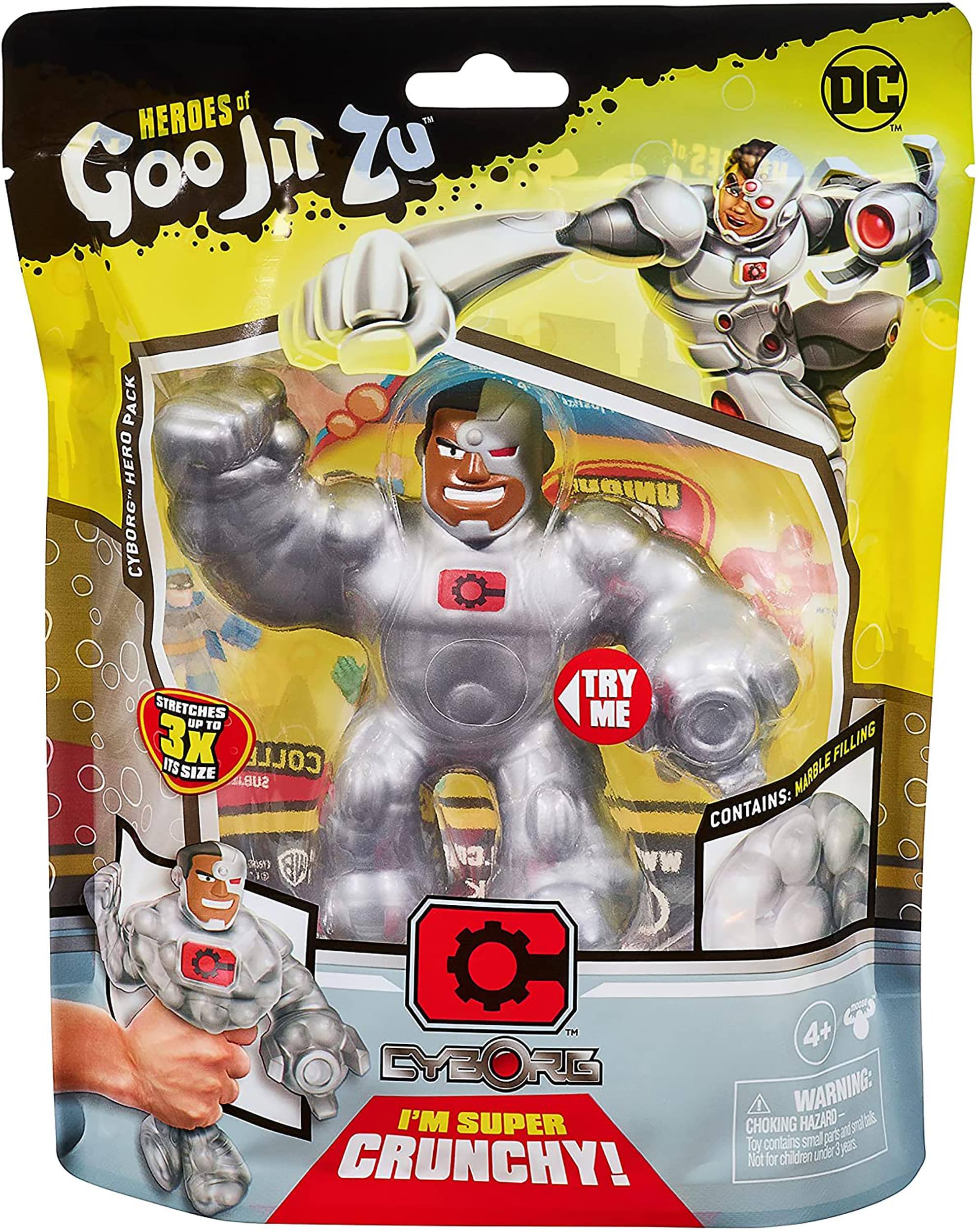 of HEROES Goojit Zu ES C DC TM PACK HERO CYBORG UNIOU STRETCHES uP TO 3x ITS COLLE SIZE SUBA (mo N .CI  TRY ME FILLING MARBLE CONTAINS: WW TM EYBORD I'M SUPER CRUNCHY! 4+ WARNING: CHOKING HAZARD 3  Toy contains small parts. Not for children under 3 years.