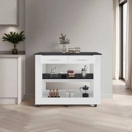 Loheer - Mobile Kitchen Island with Wheels 2 Drawers White Black - White/Black