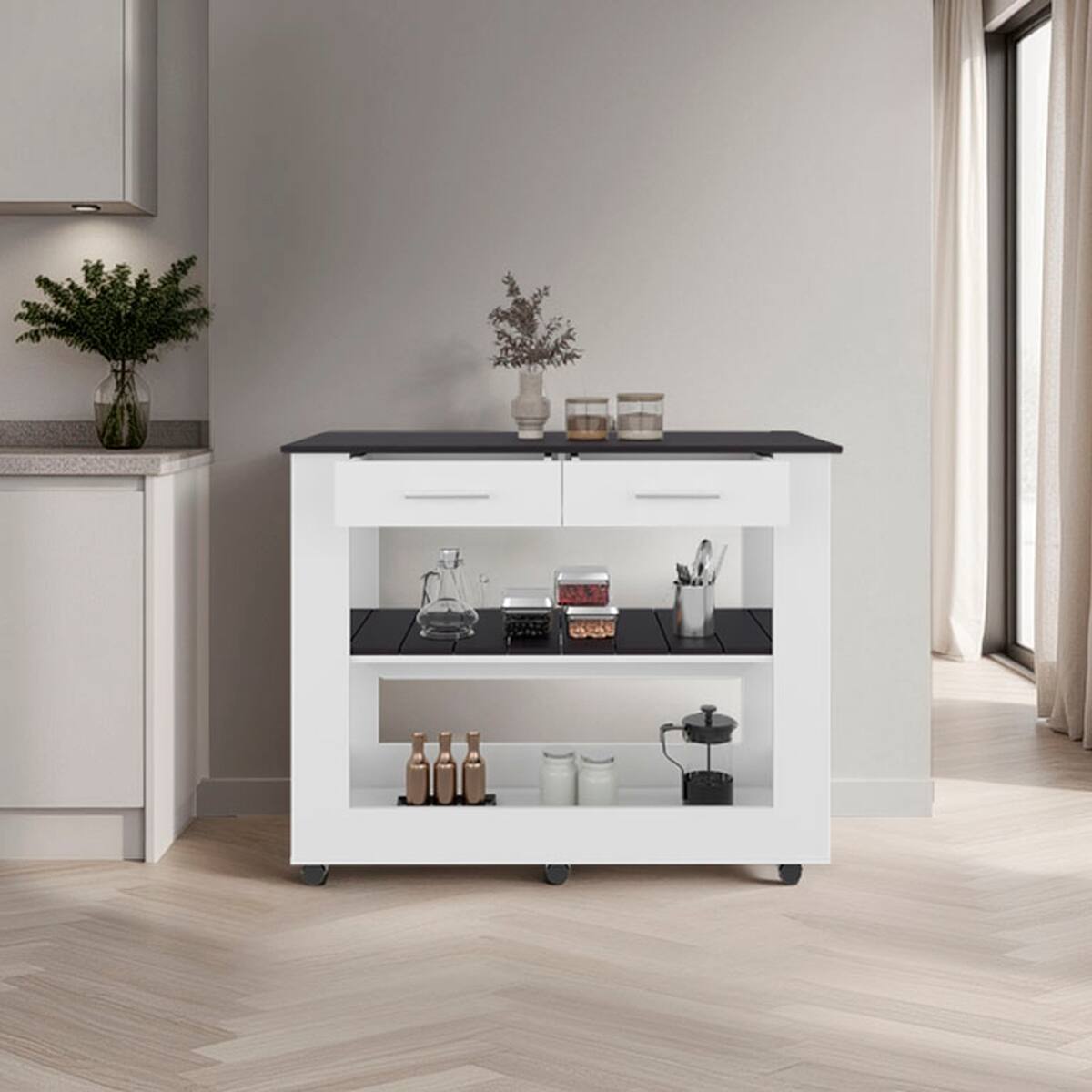Front. Loheer - Loheer Mobile Kitchen Island with Wheels 2 Drawers White Black - White/Black.