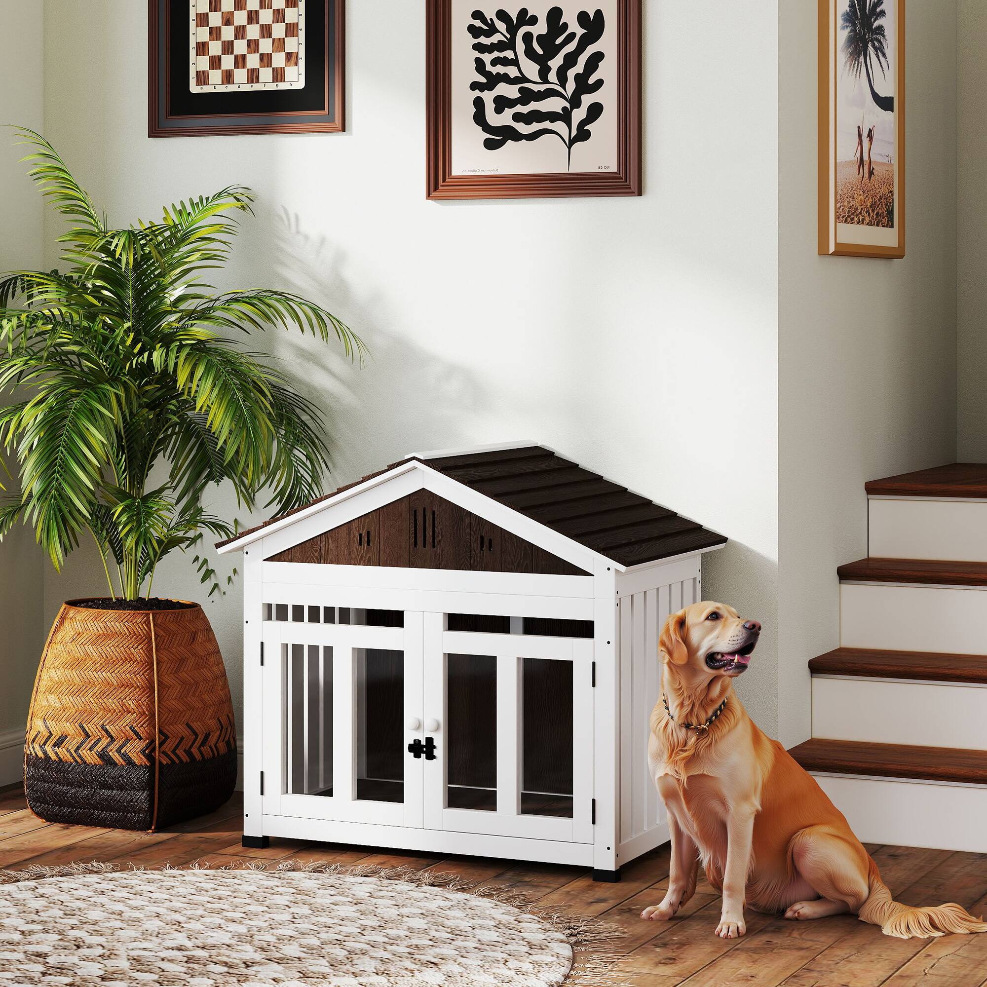 Alt View 5. Pawhut - 40"L Dog House Outdoor Indoor, Wooden, Air Vents, Elevated Removable Floor, Magnetic Doors, Foot Covers.