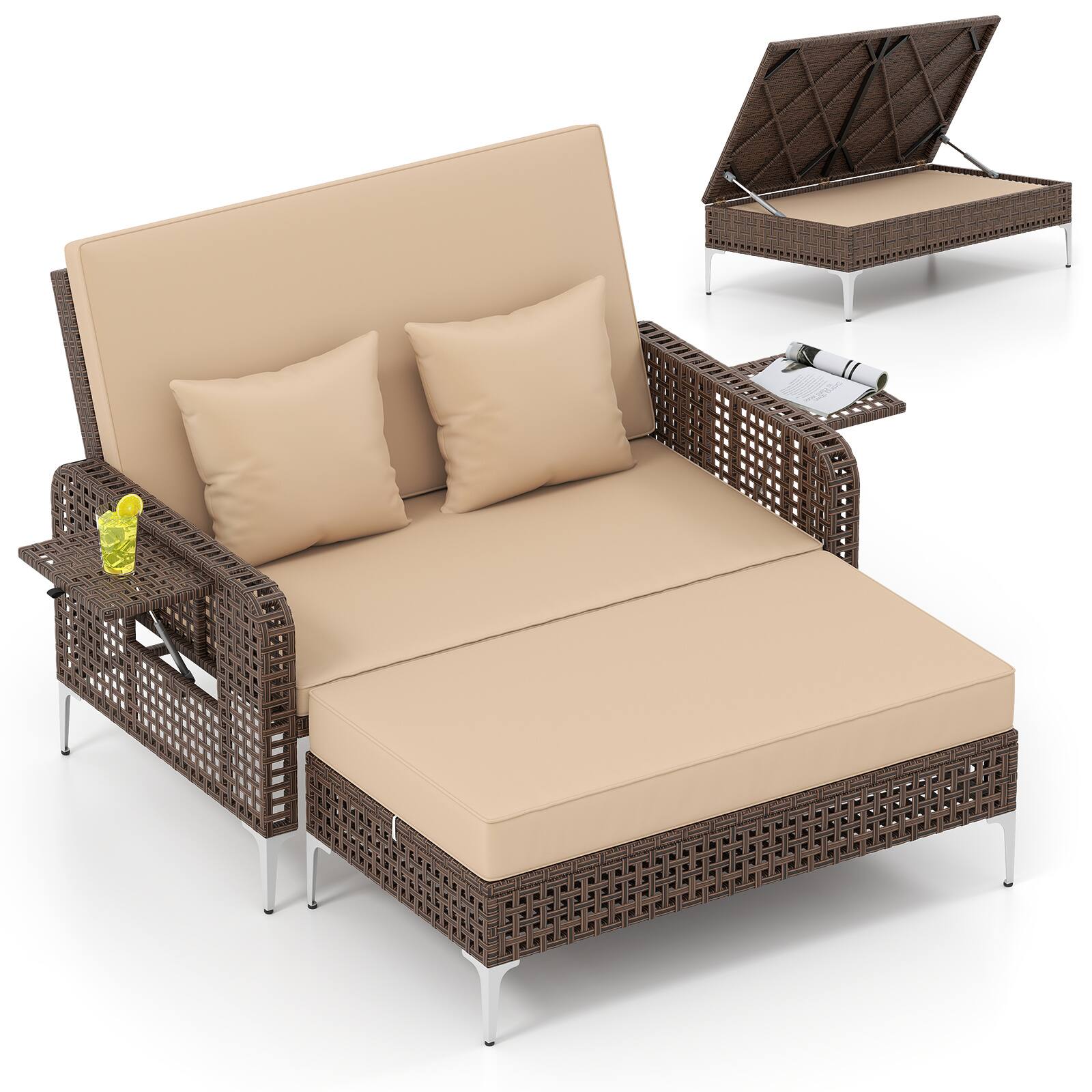 Alt View 8. Gymax - Gymax 2PCS Wicker Loveseat & Storage Ottoman w/ 4-Level Backrest & Soft Cushion Beige - Beige.