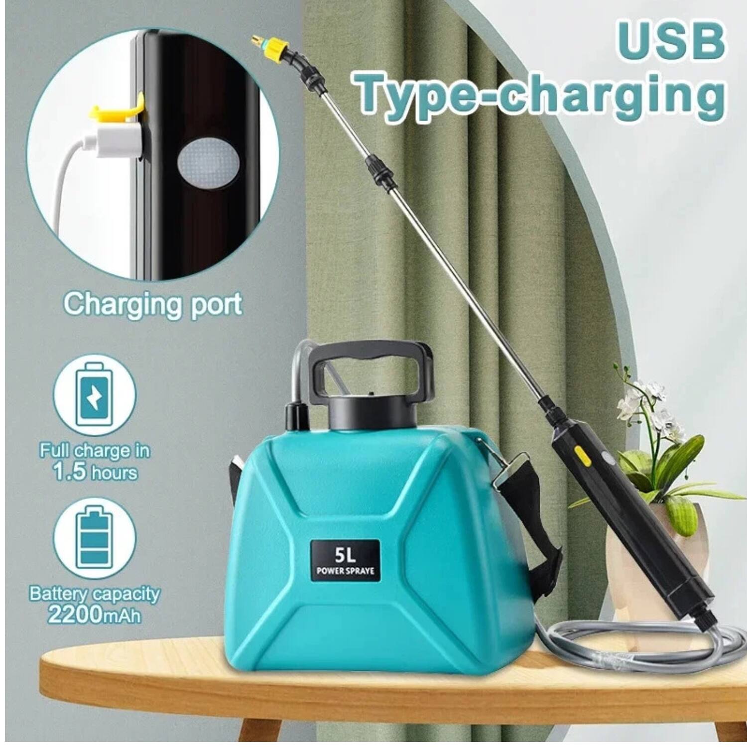 USB Type-charging  
Charging port  
Full charge in 1.5 hours  
Battery capacity 2200mAh  
5L Power Spray