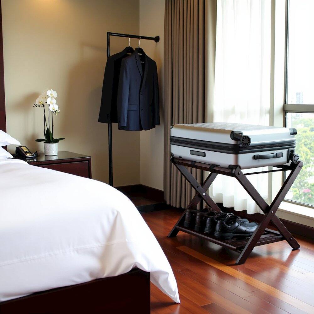 Alt View 2. FurniFact - Solid Wood Luggage Rack for Guest Room with Lower Shelf in Cappuccino Finish - Cappuccino.