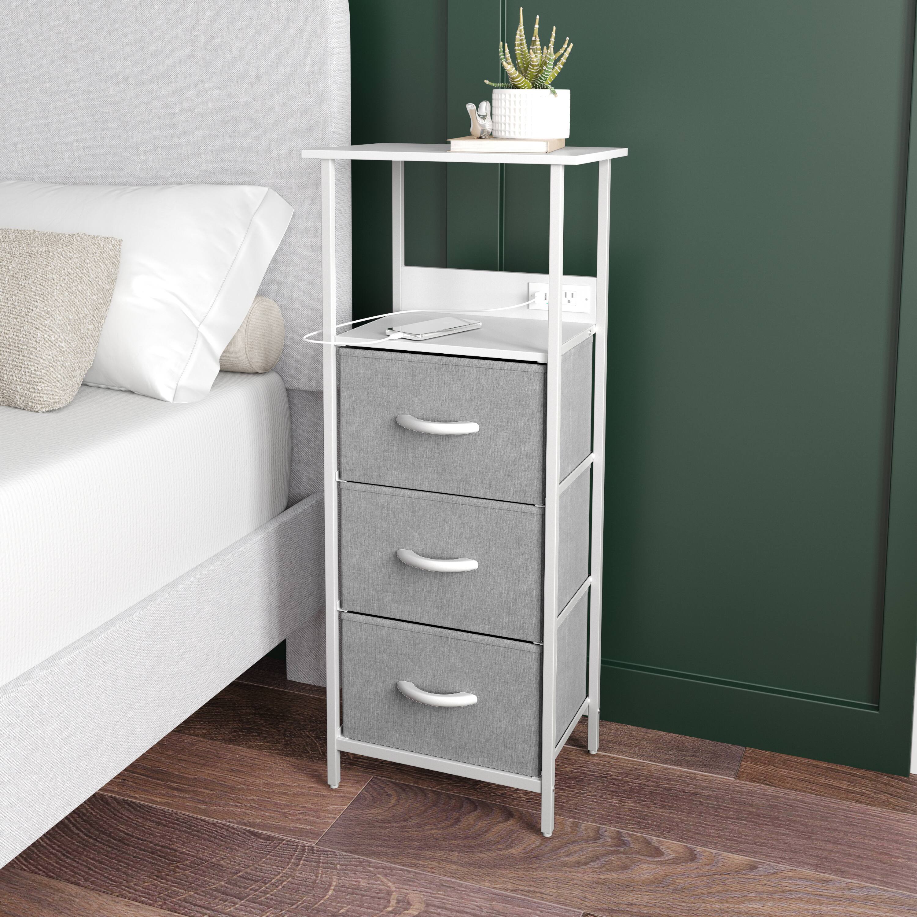 Alt View 1. Emma + Oliver - Charging Nightstand with 3 Fabric Drawers, 2 USB Ports, 1 Outlet - Gray Drawers/White Frame.