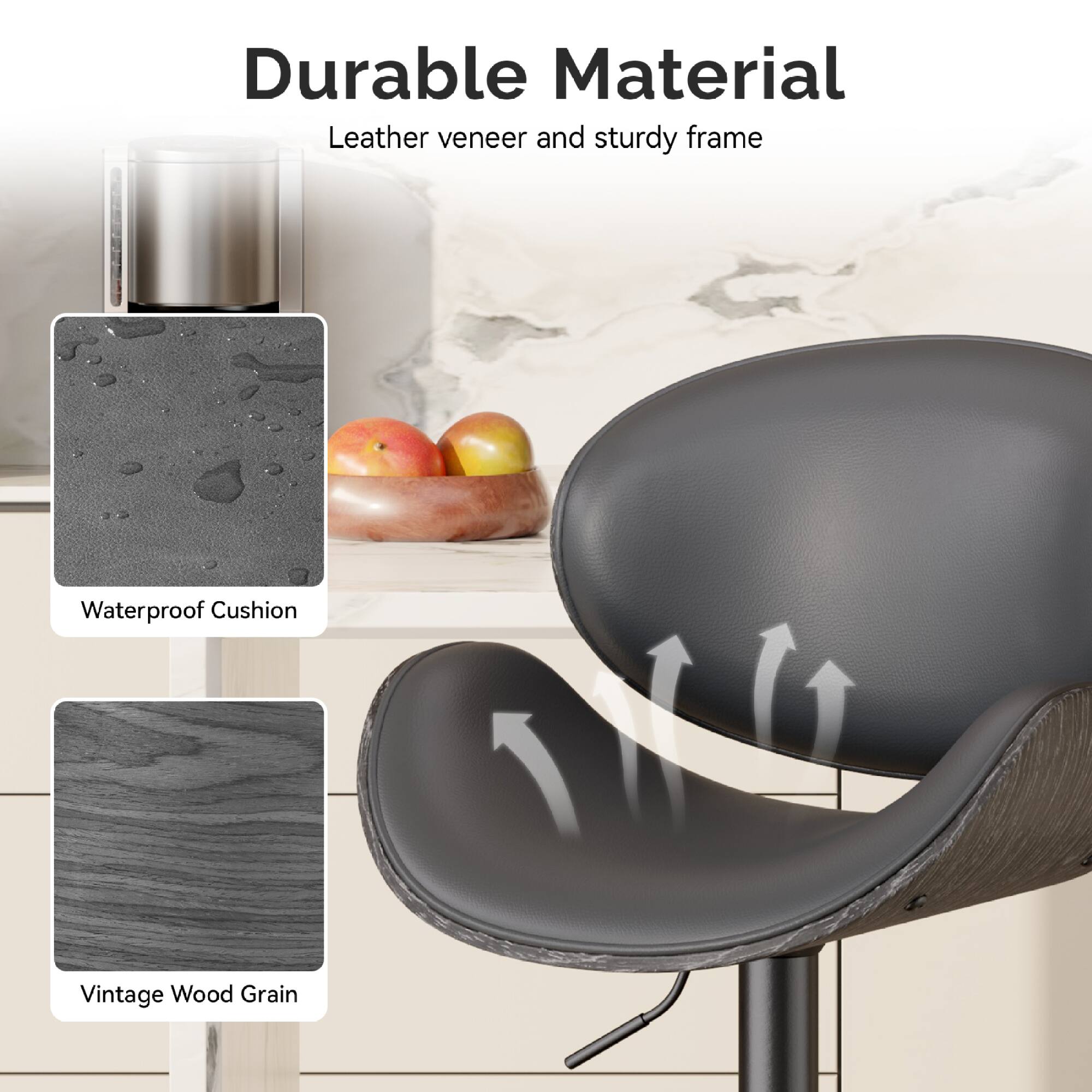 Durable Material  
Leather veneer and sturdy frame  

Waterproof Cushion  

Vintage Wood Grain