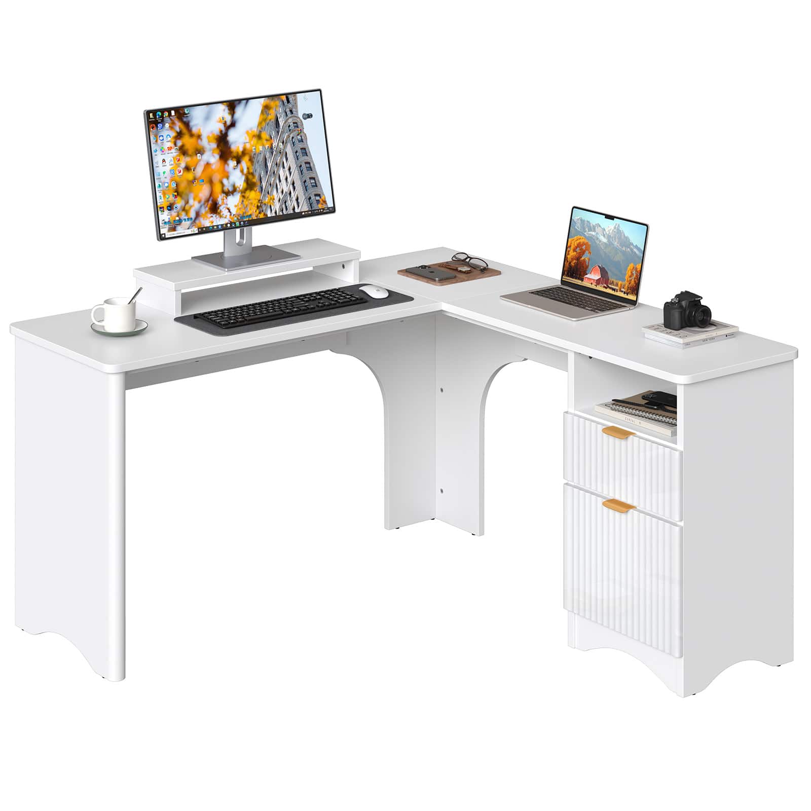 Front. Bestier - 55inch L-Shaped Computer Desk with File Drawer Monitor Stand and Fluted Panels Office Desk - White.