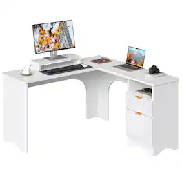 Bestier - 55inch L-Shaped Computer Desk with File Drawer Monitor Stand and Fluted Panels Office Desk - White