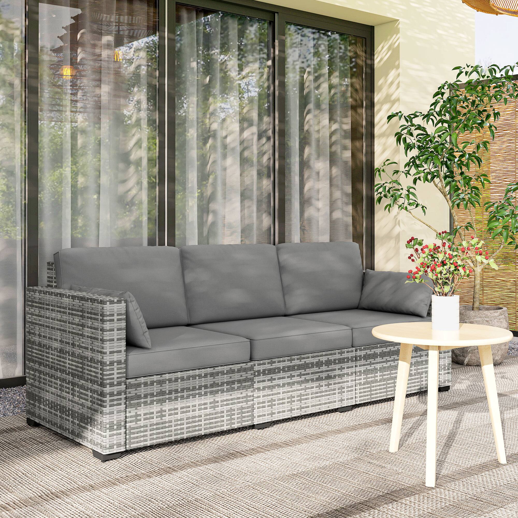 Alt View 1. Outsunny - Patio Couch PE Wicker Deep Seating Outdoor Sofa with Removable Cushions, 3 Seater Rattan Sofa, Outdoor Furniture - Gray.