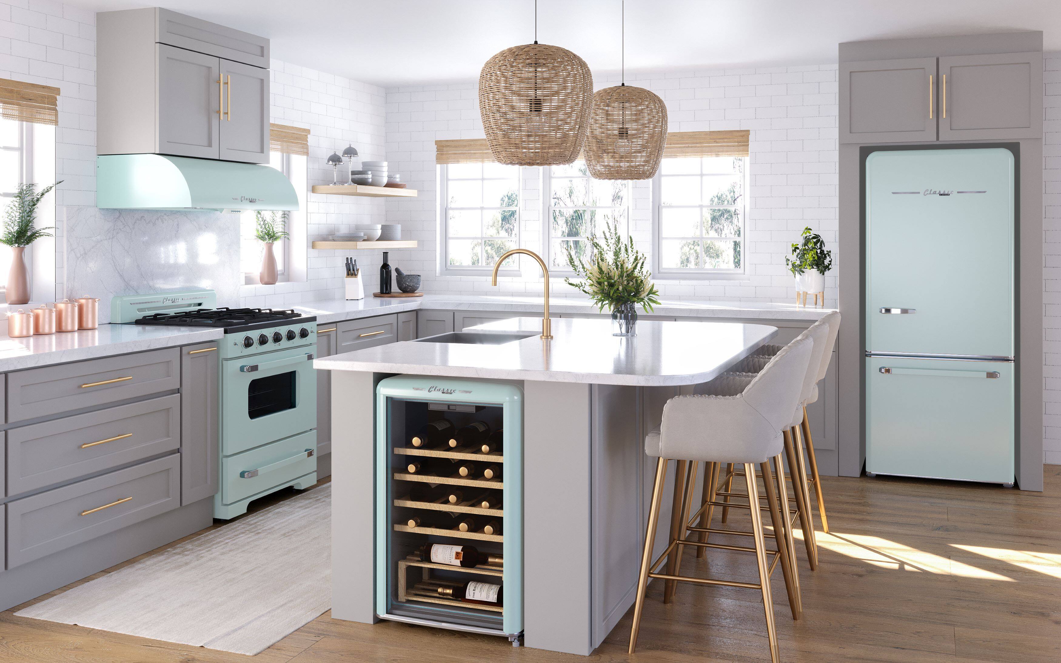 "Ce laura prue elase" is not a coherent sentence. It appears to be a combination of words that do not form a meaningful statement. The image features a kitchen with a center island, a refrigerator, a wine rack, and a sink. The kitchen also has a dining table with chairs, and various decorative elements such as potted plants and vases.