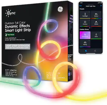 The image features a box of Cync g Light Shows, which includes a smart light strip with dynamic effects and outdoor full color capabilities. The box contains a light strip extension that is 8 feet long and rated for outdoor use. The light strip can be used to create entertaining dynamic light shows in the Cync app, with various presets such as candlelight, rainbow, and evening sky. The light strip is also compatible with gaming and home automation systems. The box also includes a power supply, mounting clips, and a flexible LED tube that is rated for outdoor use. The light strip extension does not include a power supply.