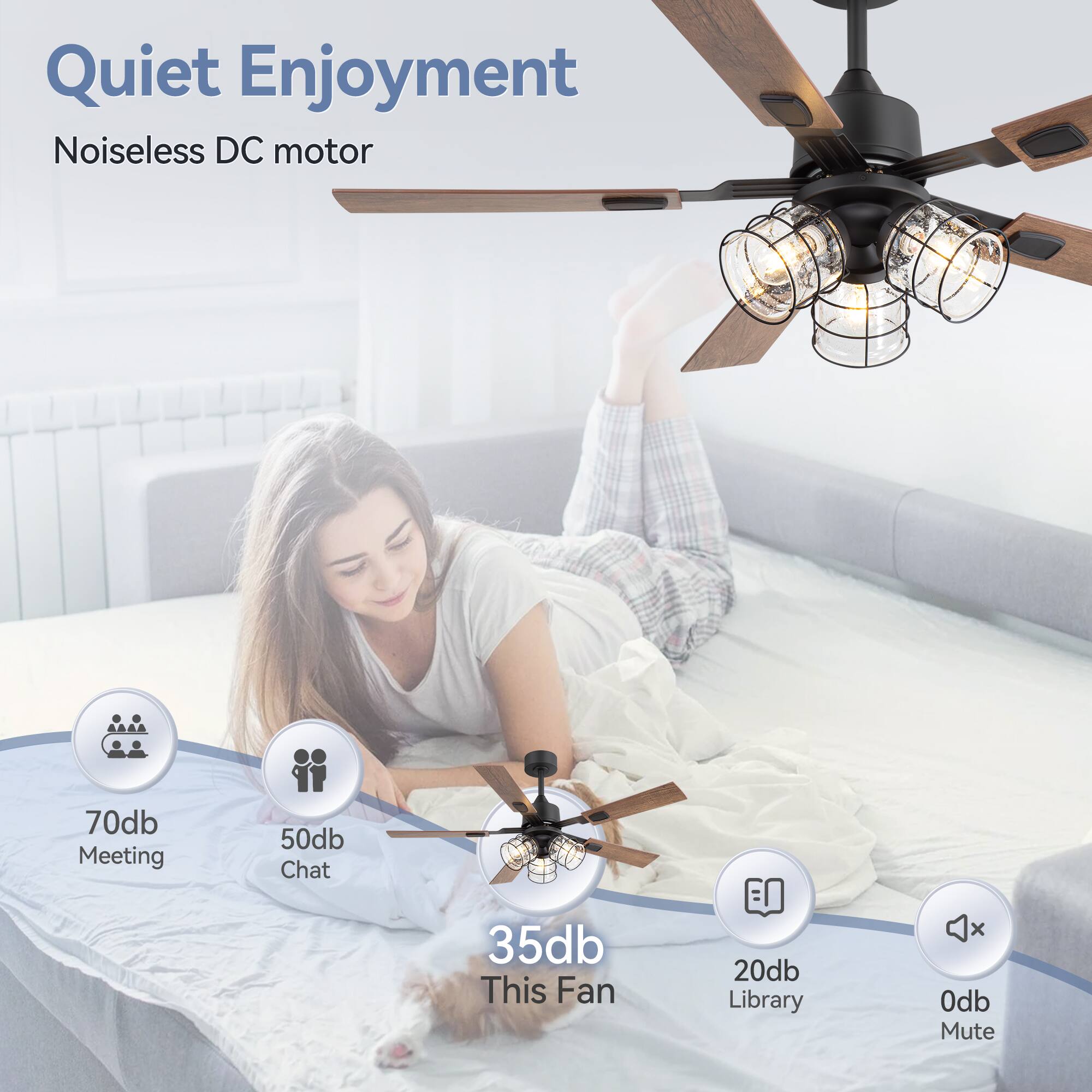 Quiet Enjoyment, Noiseless DC motor, 70db Meeting, 50db Chat, 35db This Fan, 20db Library, 0db Mute